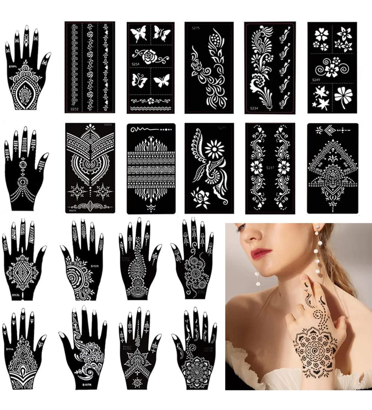 Henna Tattoo Stencil Set - 20 Sheets of Indian Arabian Temporary Tattoo Templates for Hands, Arms, Shoulders, and Legs - Buy Online on GoSupps.com