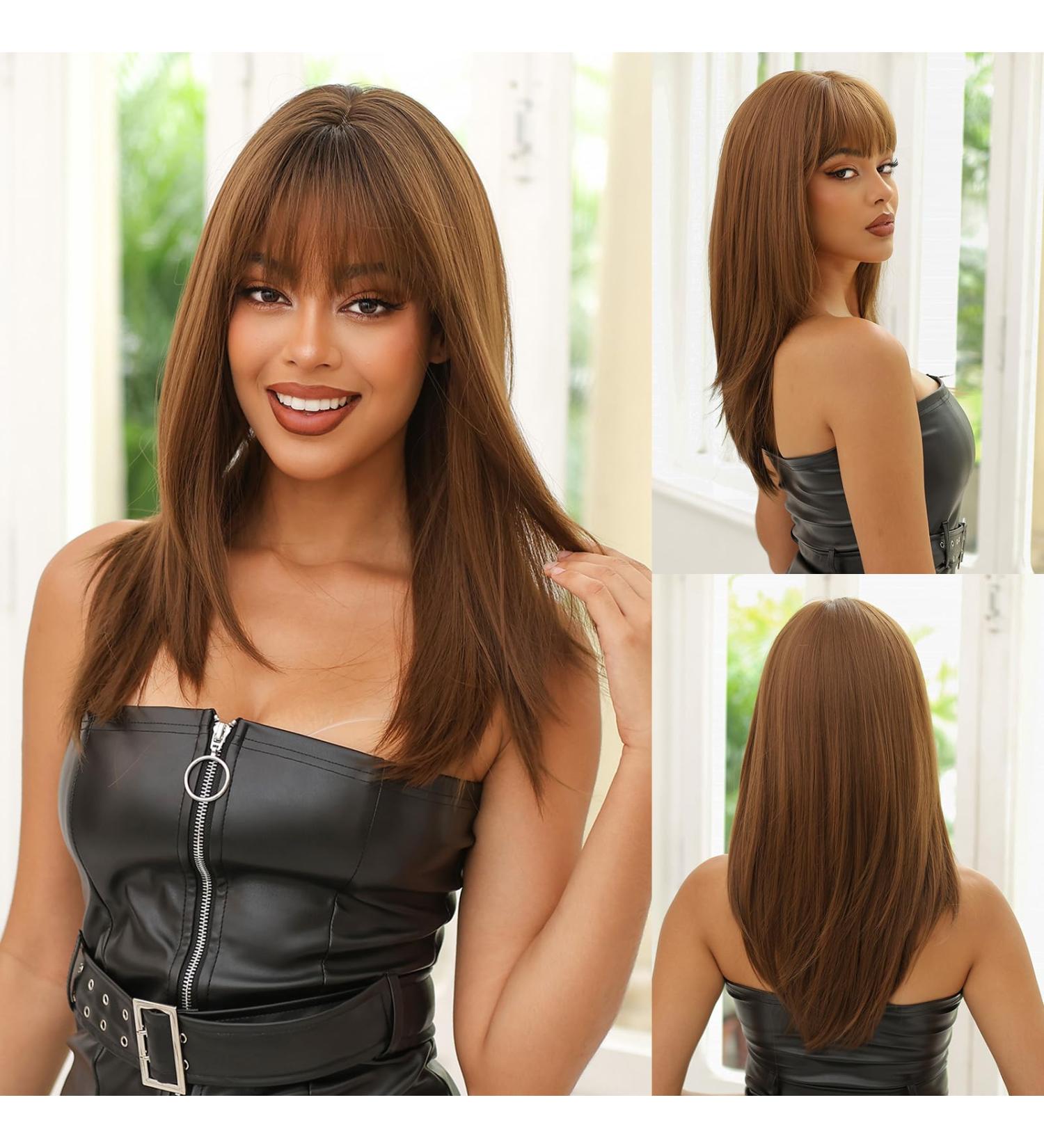 HAIRCUBE Brown Long Straight Wigs with Fringe for Women - Perfect for Daily Wear - Buy Online on GoSupps.com