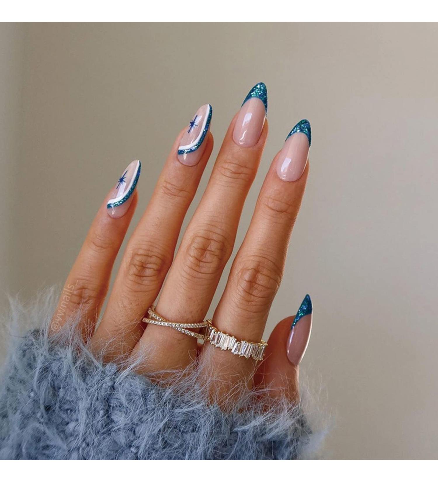 Justotry 24 Pcs Stiletto Press-On Nails - Glitter Blue French Almond Acrylic Fake Nails for Women - Buy Online on GoSupps.com