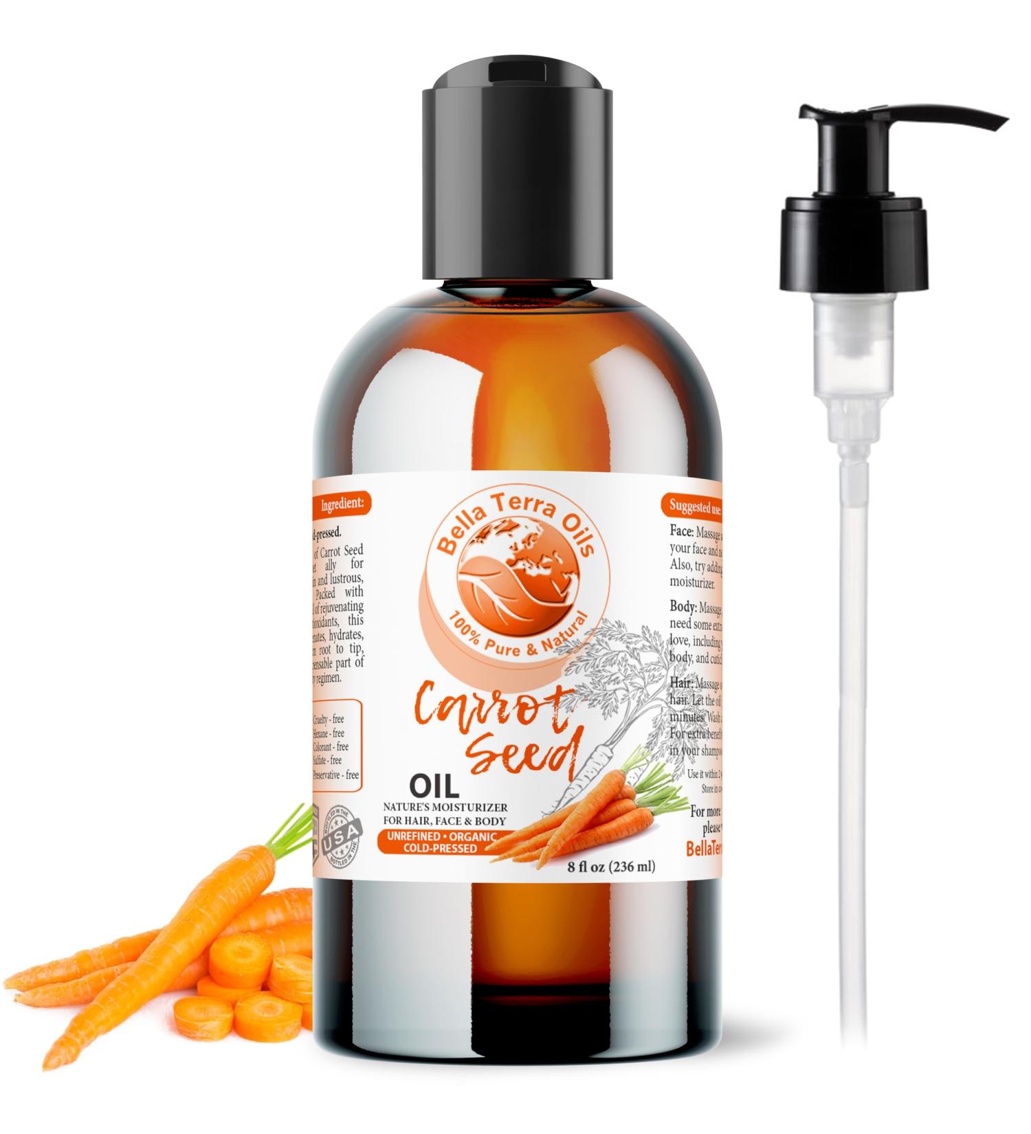 Bella Terra Oils - Organic Carrot Seed Oil 8 oz - Unveiling Organic Carrot's Enzymes & Nutritional Benefits A Cold-Pressed Delight for a Natural Skin Glow - Buy Online on GoSupps.com