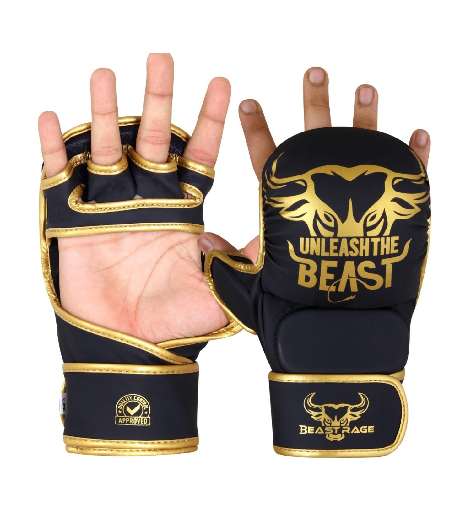 Beast Rage MMA Gloves for Men & Women - Adjustable Wrist Support Open Palm for Martial Arts Grappling and Sparring | S/M Gold - Buy Online on GoSupps.com