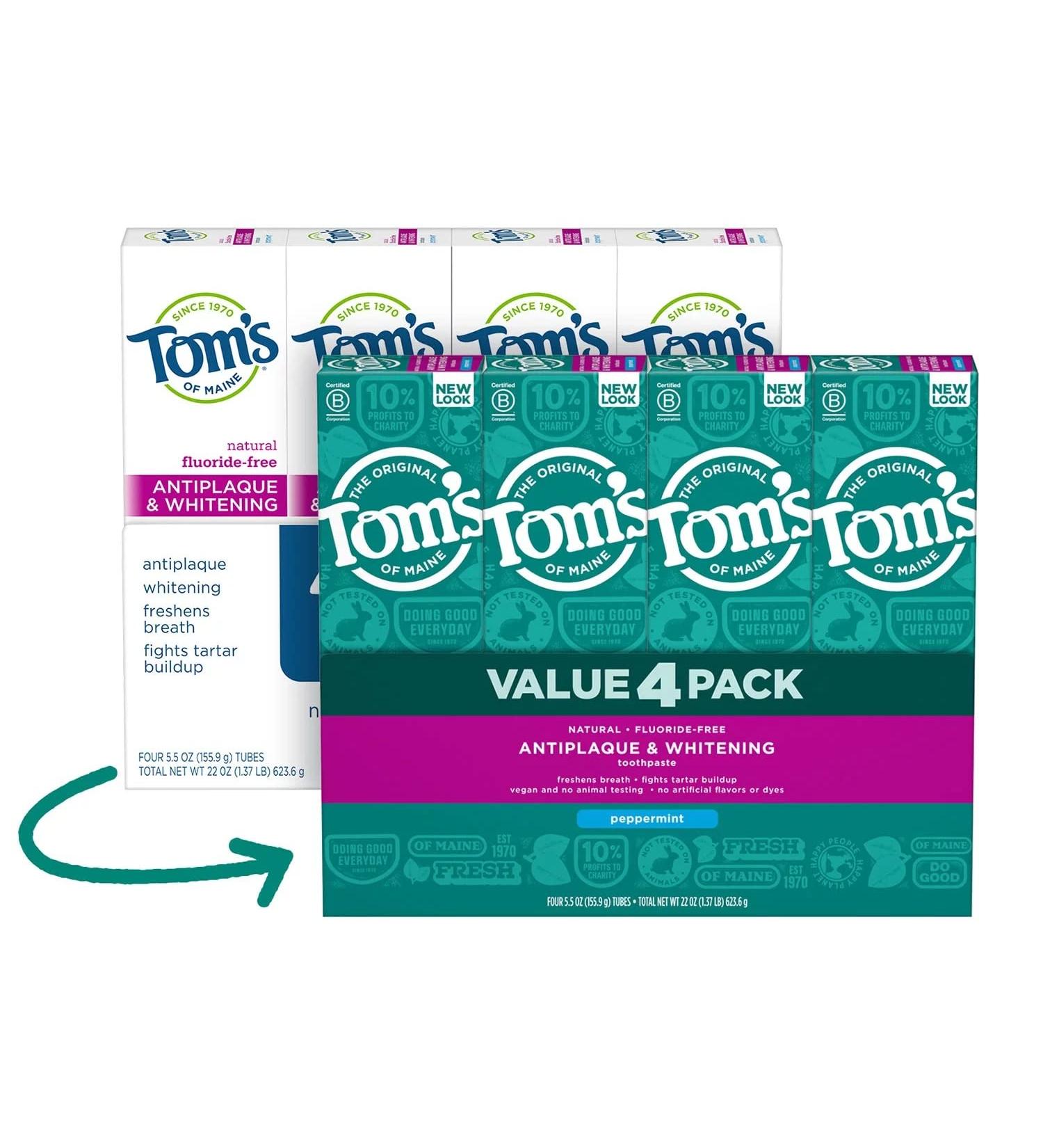 Tom's of Maine Fluoride-Free Antiplaque & Whitening Toothpaste Peppermint 5.5 oz 4 pk - Buy Online on GoSupps.com