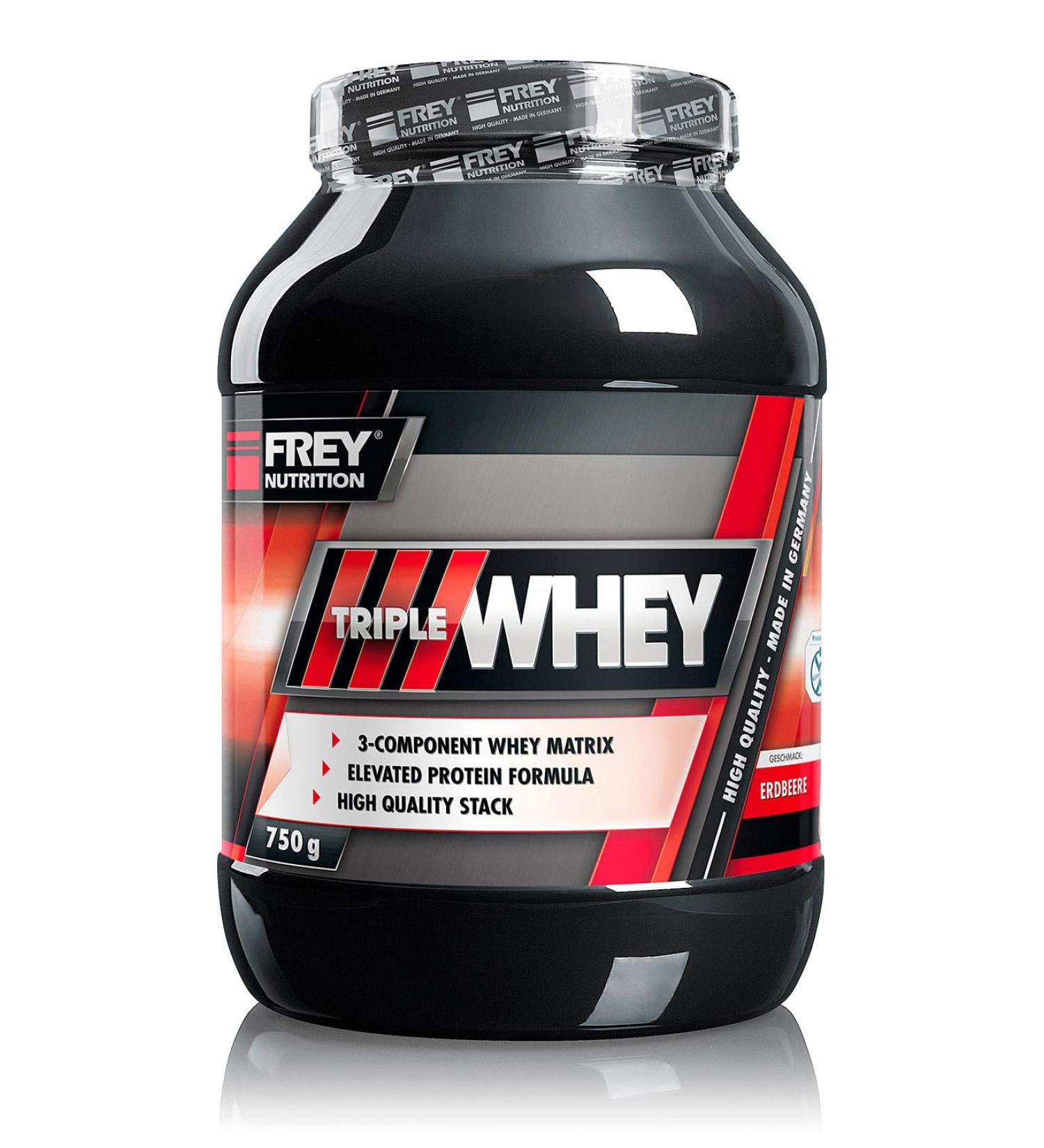 Frey Nutrition Triple Whey 750g Strawberry - High BCAA Protein for Muscle Gain & Maintenance | 30% Isolate Share - Buy Online on GoSupps.com