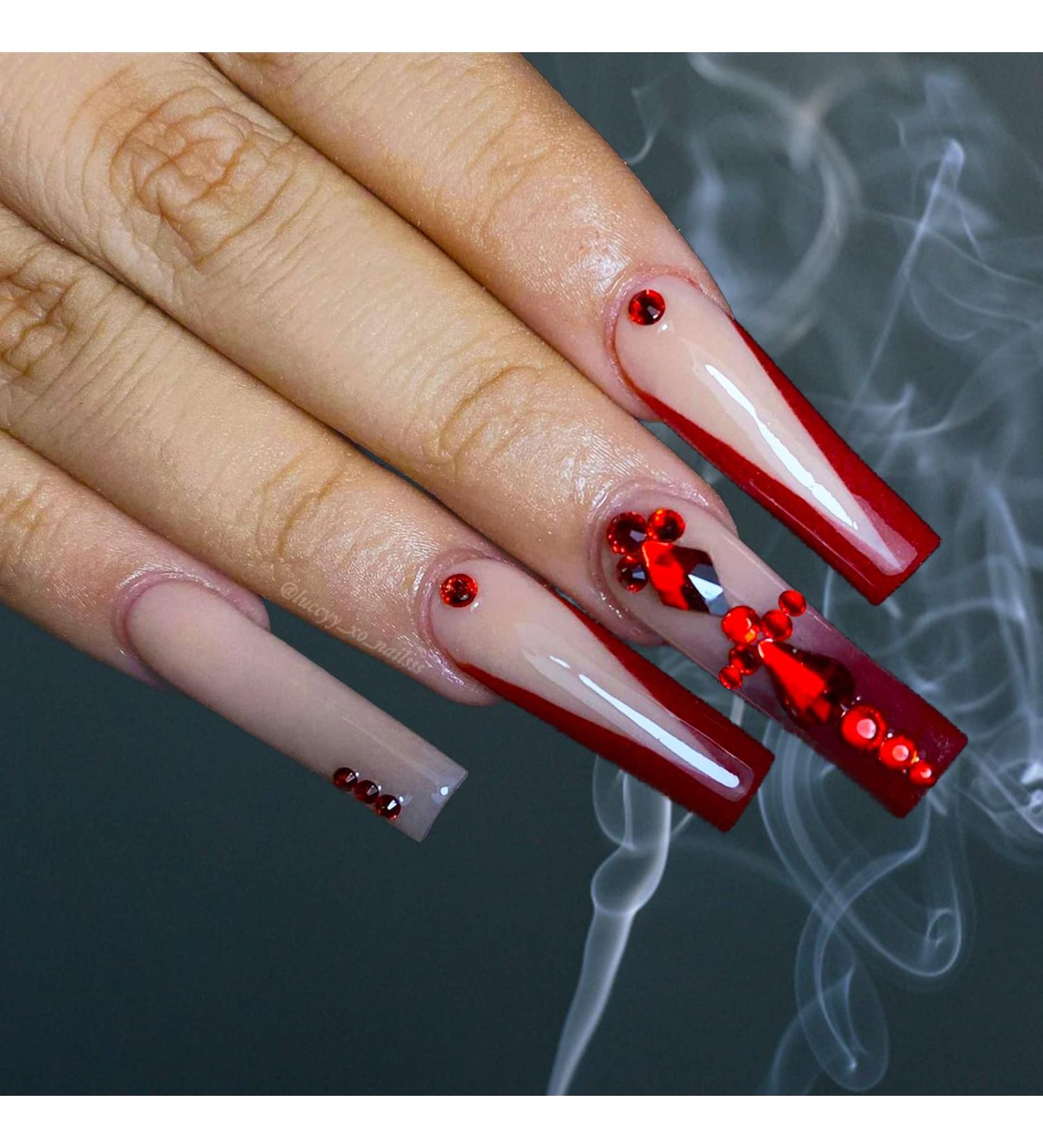 Burgundy French Tip Long Press On Nails with 3D Rhinestones - Red False Fake Acrylic Coffin Nails for Women - Buy Online on GoSupps.com