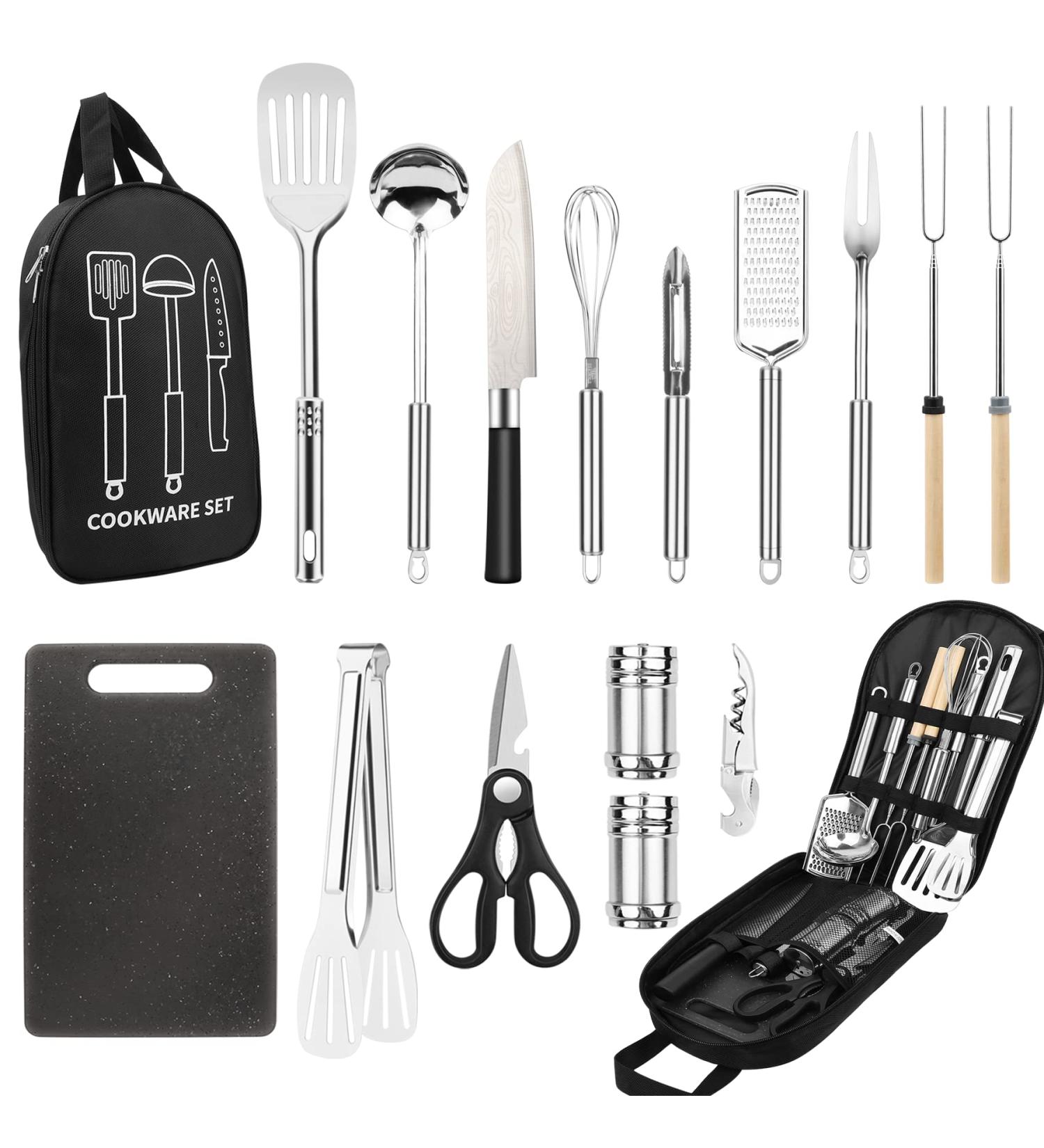 Stainless Steel Camping Cooking Utensils Set - 16 PCS BBQ Cookware Gear for Travel, RV, Picnic - Portable Kitchen Accessories - Buy Online on GoSupps.com