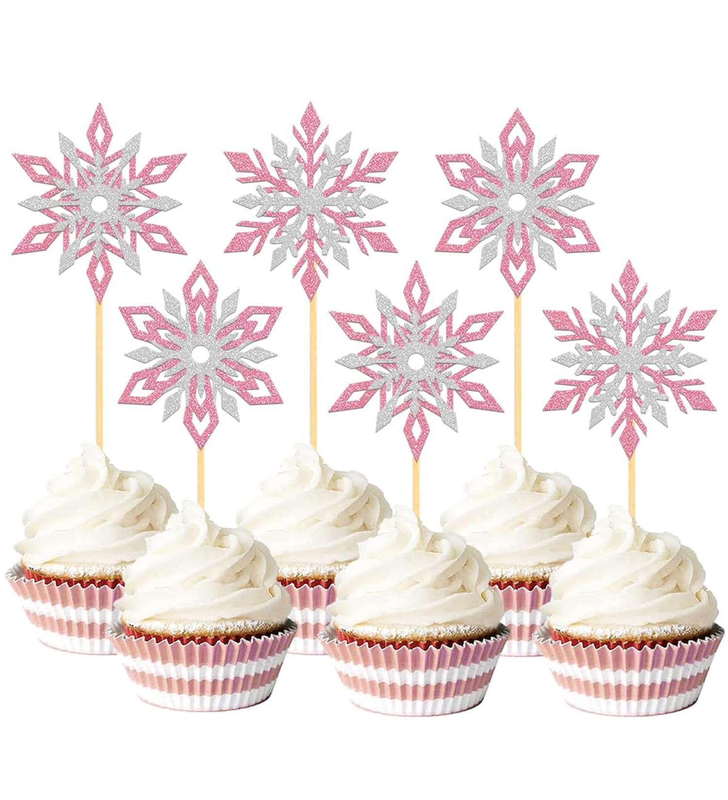 24 x Sparkly Snowflake Cupcake Toppers Birthday Cake Decoration Winter Snowflake Cake Toppers Wedding Cake Decoration for Women and Men (Mix Pink) Pink Mix - Buy Online on GoSupps.com