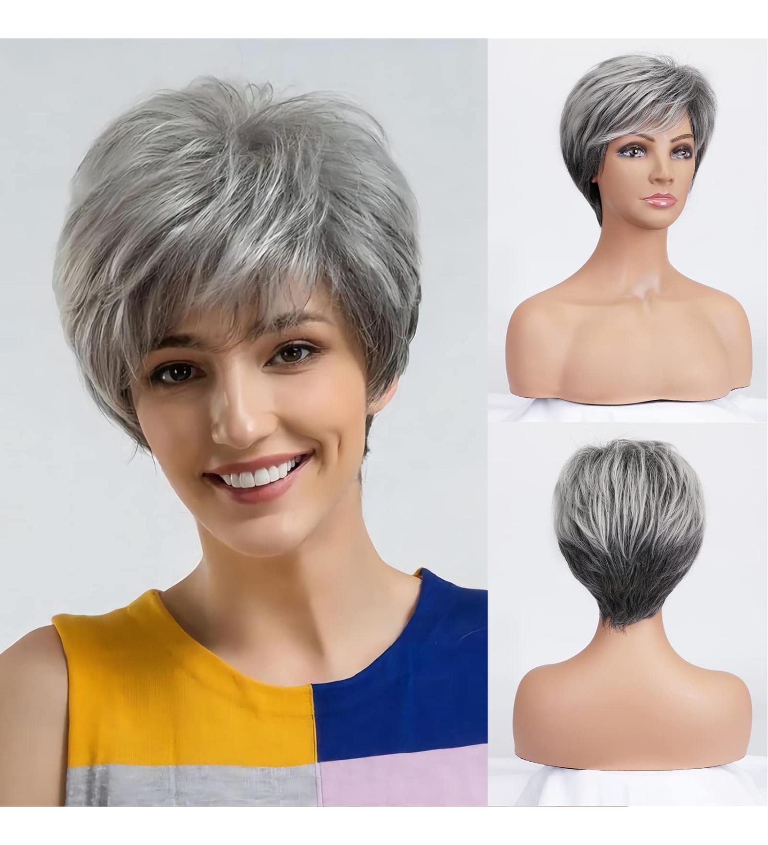 BESTUNG Short Silver Synthetic Wig for Elderly Women - Comfortable Breathable Cap (Straight Grey) - Buy Online on GoSupps.com