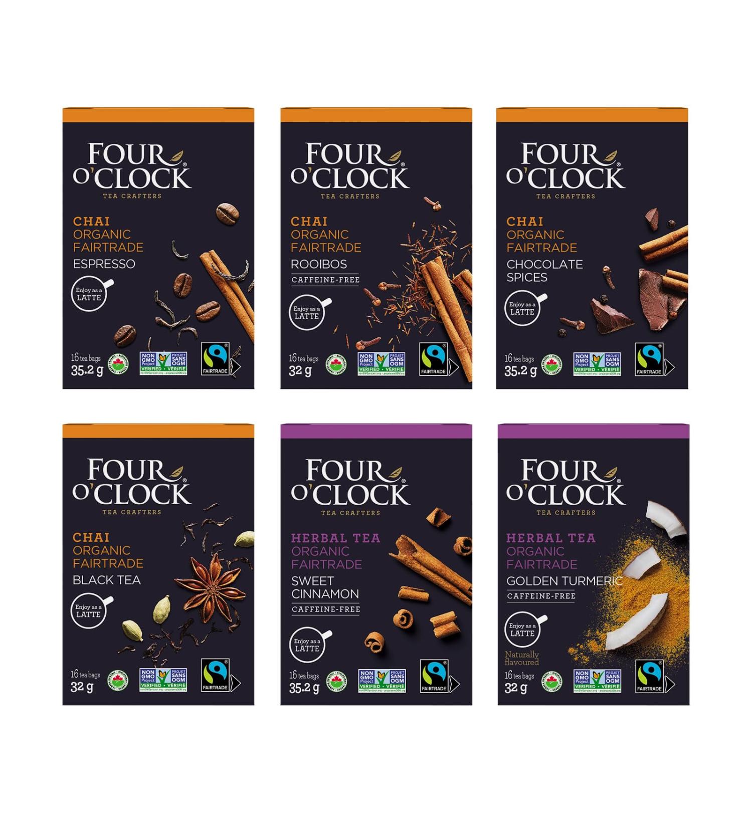 Four O'Clock Latte Variety Pack Non-Gmo Kosher Gluten-Free 6 Pack of 16 Teabags Each - Buy Online on GoSupps.com