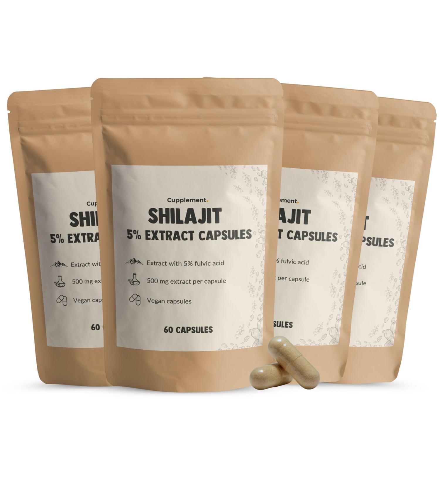  Cupplement 4 sachets of Shilajit 60 Capsules - Free pillbox - 5% Resin Extract - 500 mg per capsule - 100% pure - Superfood - Powder-free - From the Himalayas - Testosterone - Buy Online on GoSupps.com