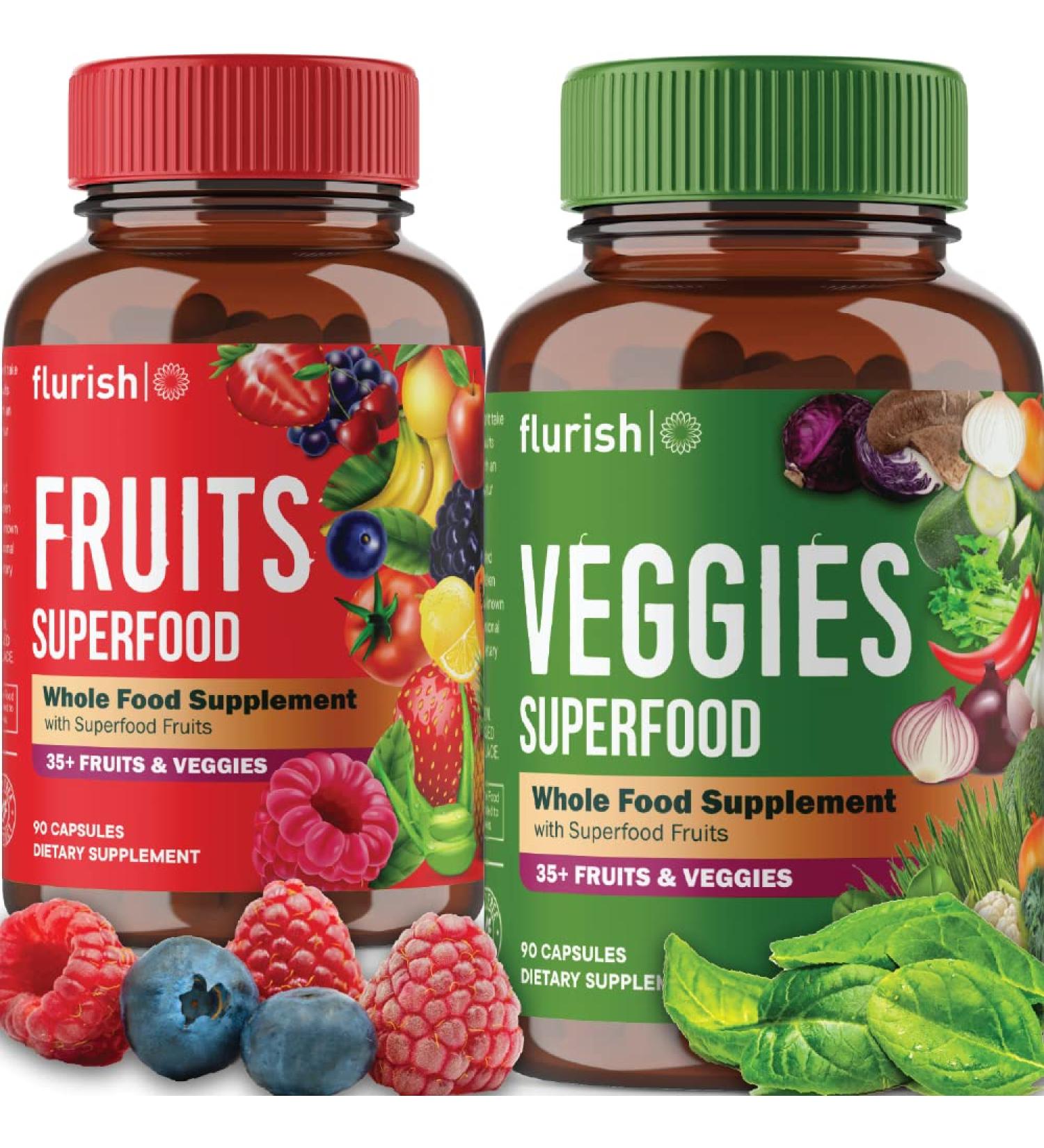 flurish. Fruit and Veggies - 90 Fruit and 90 Veggie Capsules - Whole Food Supplement Packed with Antioxidants- Grown and Made in The USA- Soy Free- Non GMO by Denise Austin - Buy Online on GoSupps.com