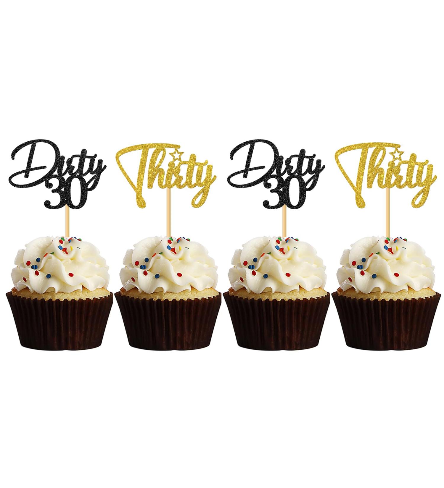MonMon & Craft Dirty 30 Cupcake Toppers - 30th Birthday Sign - Dirty Thirty Cupcake Toppers - Thirty Dessert Decor- Cheers to 30 Years Party Decorations Black Gold Glitter - 24 Pcs - Buy Online on GoSupps.com