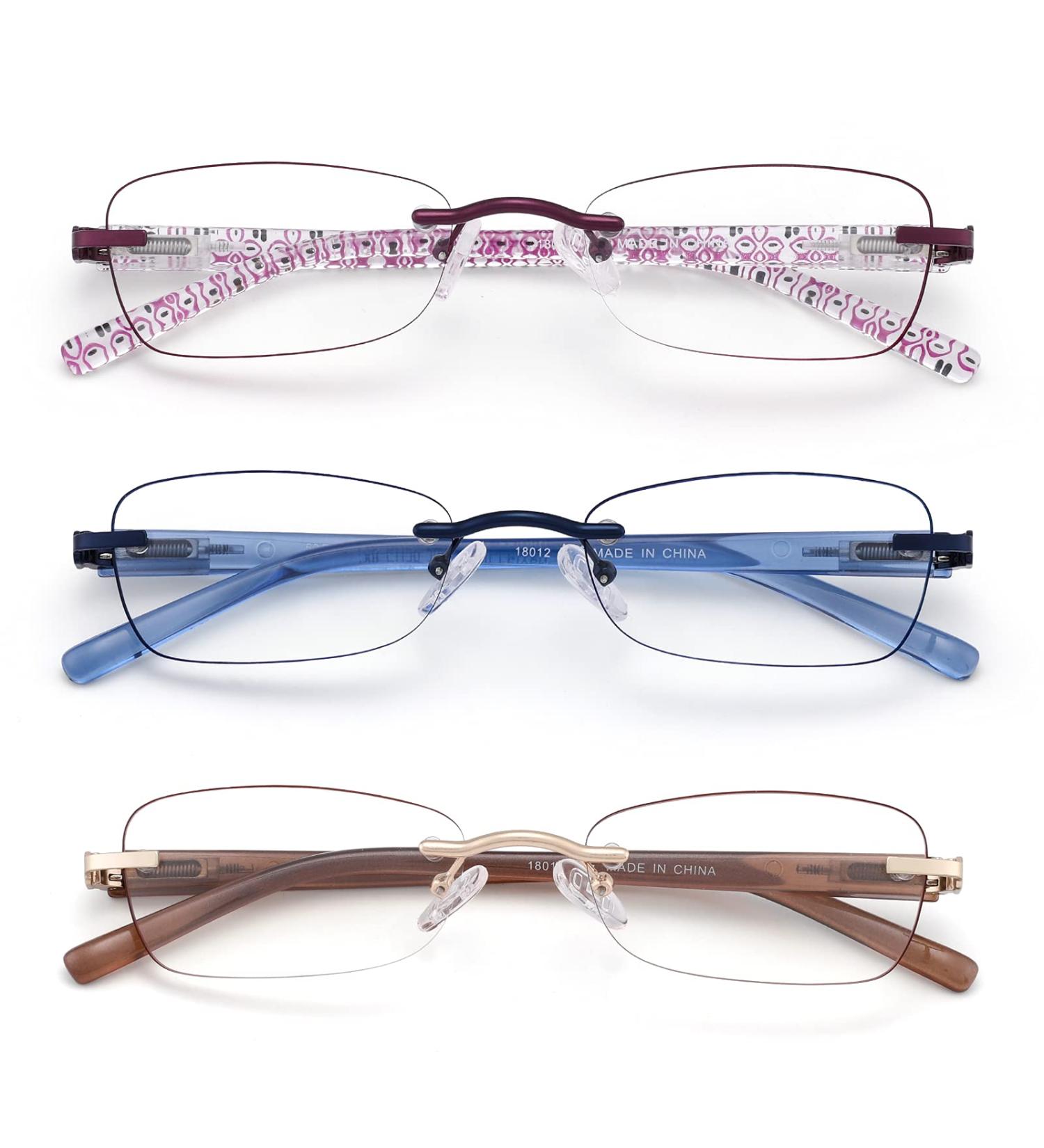 3 Pack Rimless Reading Glasses for Women - Blue Light Blocking Tinted Edge Spring Hinge - Mixed Colors Red Blue Brown - 2.00 Strength - Buy Online on GoSupps.com