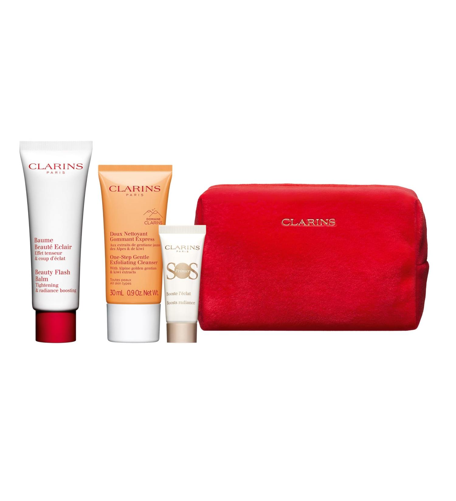 Clarins Gift Set | Radiance Care Experts 90ml | Worth 56 | Beauty Flash Balm 50ml One Step Gentle Cleanser 30ml SOS Primer White Mini 10ml - Buy Online on GoSupps.com