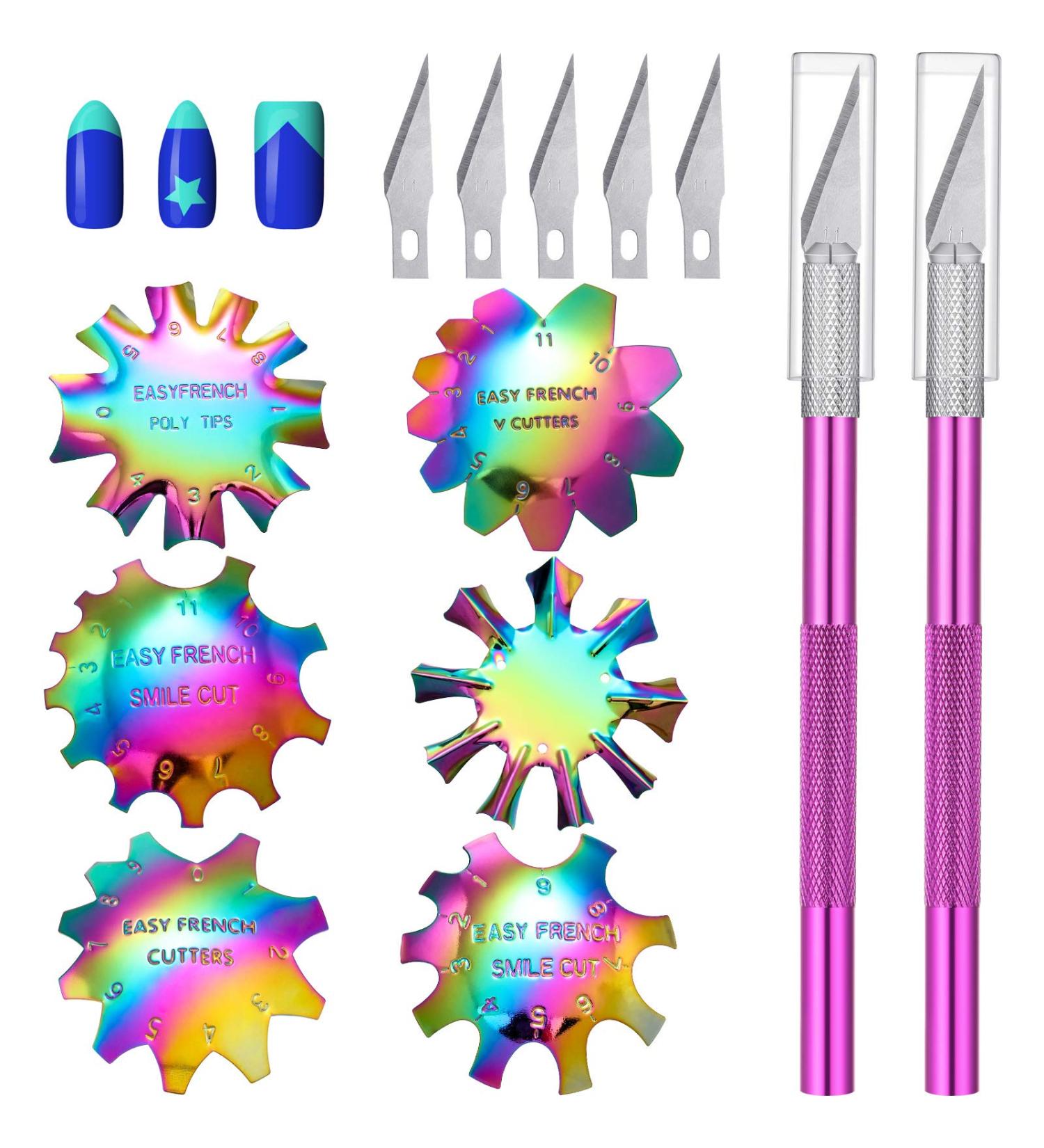 6 Pieces Stainless Steel French Nail Trimmer Set - Acrylic Nails Cutters with 5 Spare Blades & 2 Handles for Perfect Manicure - DIY Colorful Nail Art Tools - Buy Online on GoSupps.com