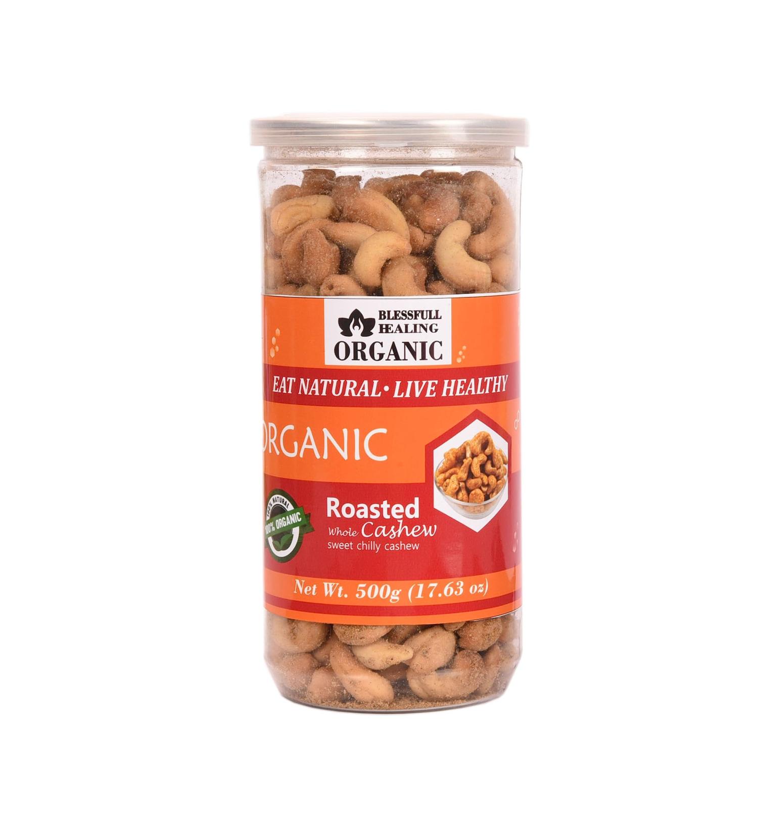 Blessfull Healing Organic Natural Vegan Sweet Chilly Roasted Whole Cashew Nuts Crunchy Kaju 500 Gram - Buy Online on GoSupps.com