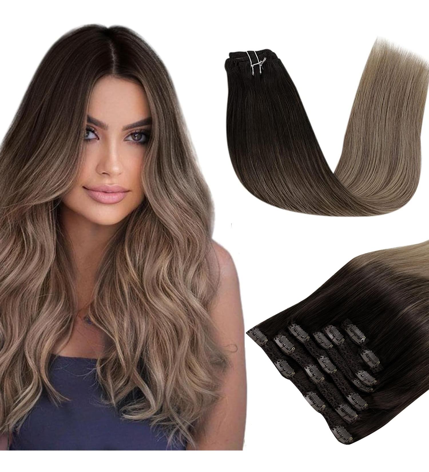 Runature Ombre Clip-In Hair Extensions Dark Brown to Ash Blonde 55cm 120g Remy Real Hair for Seamless Volume & Recovery | #2/6/18 - 7Pcs - Buy Online on GoSupps.com