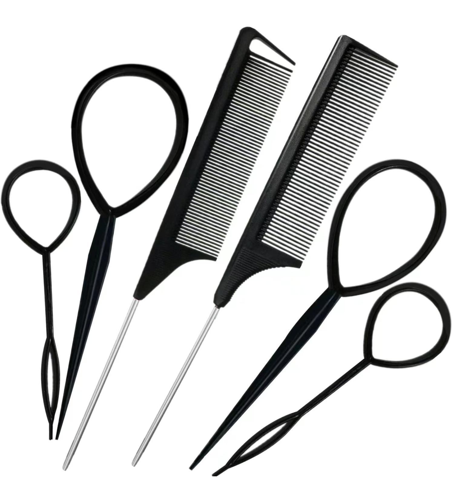 Topsy Hair Tail Tool & Rat Tail Comb Set - 6Pcs Hair Loop Styling Tools with 2 Metal Pin Combs - Heat Resistant - Black Schembo A Gift - Buy Online on GoSupps.com