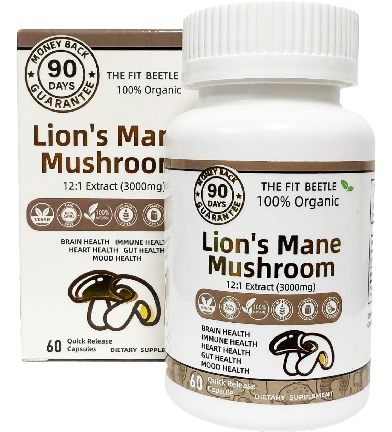 The Fit Beetle Organic Lions Mane Mushroom Supplement - Brain Supplement and Immune Health - 3000mg - 12:1 Extraction - Two Months Supply - Buy Online on GoSupps.com