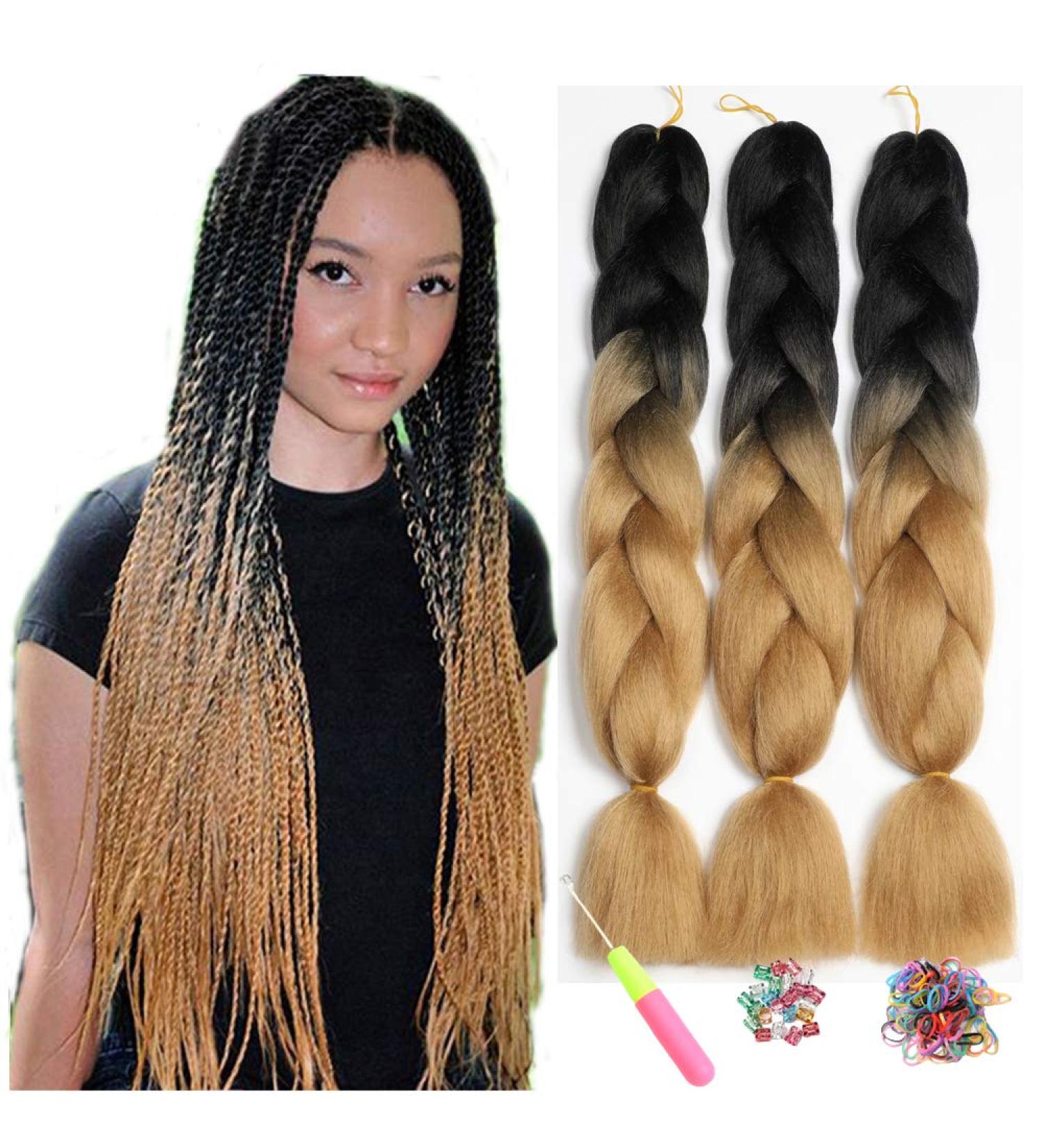 Showjarlly Kanecalon Ombre Jumbo Braid Hair Extensions - 24 Kanecalon Hair Braids (3 Pack) - Black/Light Brown - Best Quality Kunsthaar Hair for Braiding - Buy Online on GoSupps.com