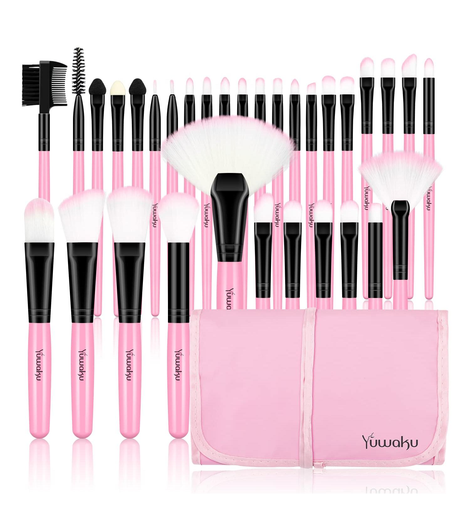 32-Piece Pink Makeup Brush Set | Professional Kabuki Brushes with Soft Bristles for Foundation, Powder, Eyeshadow, Eyeliner, Blush, and Concealer | Includes Nylon Bag - Buy Online on GoSupps.com