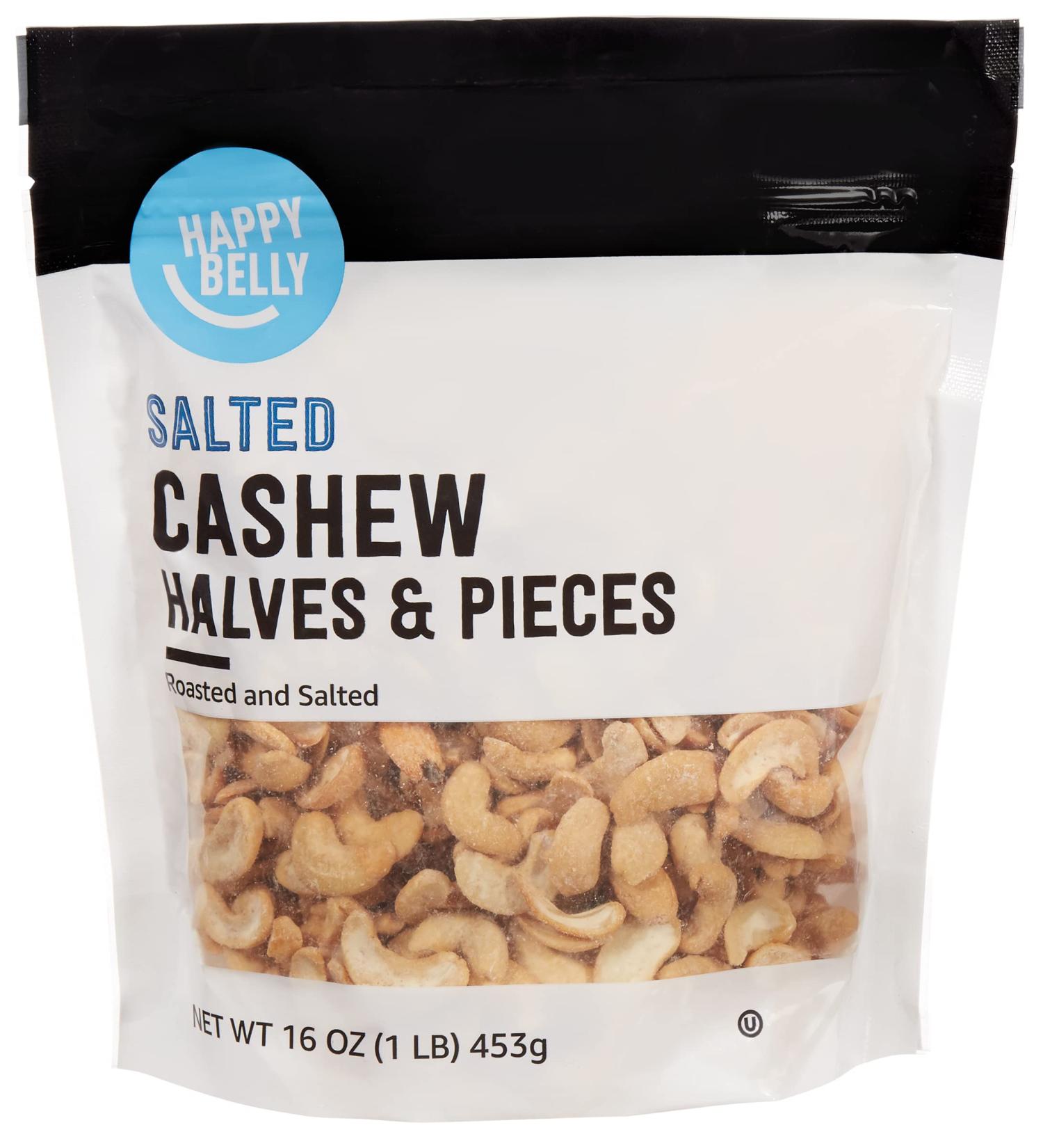 Happy Belly Roasted & Salted Cashew Halves & Pieces - 16 oz (1 lb) Pack of 1 - Amazon Brand - Buy Online on GoSupps.com