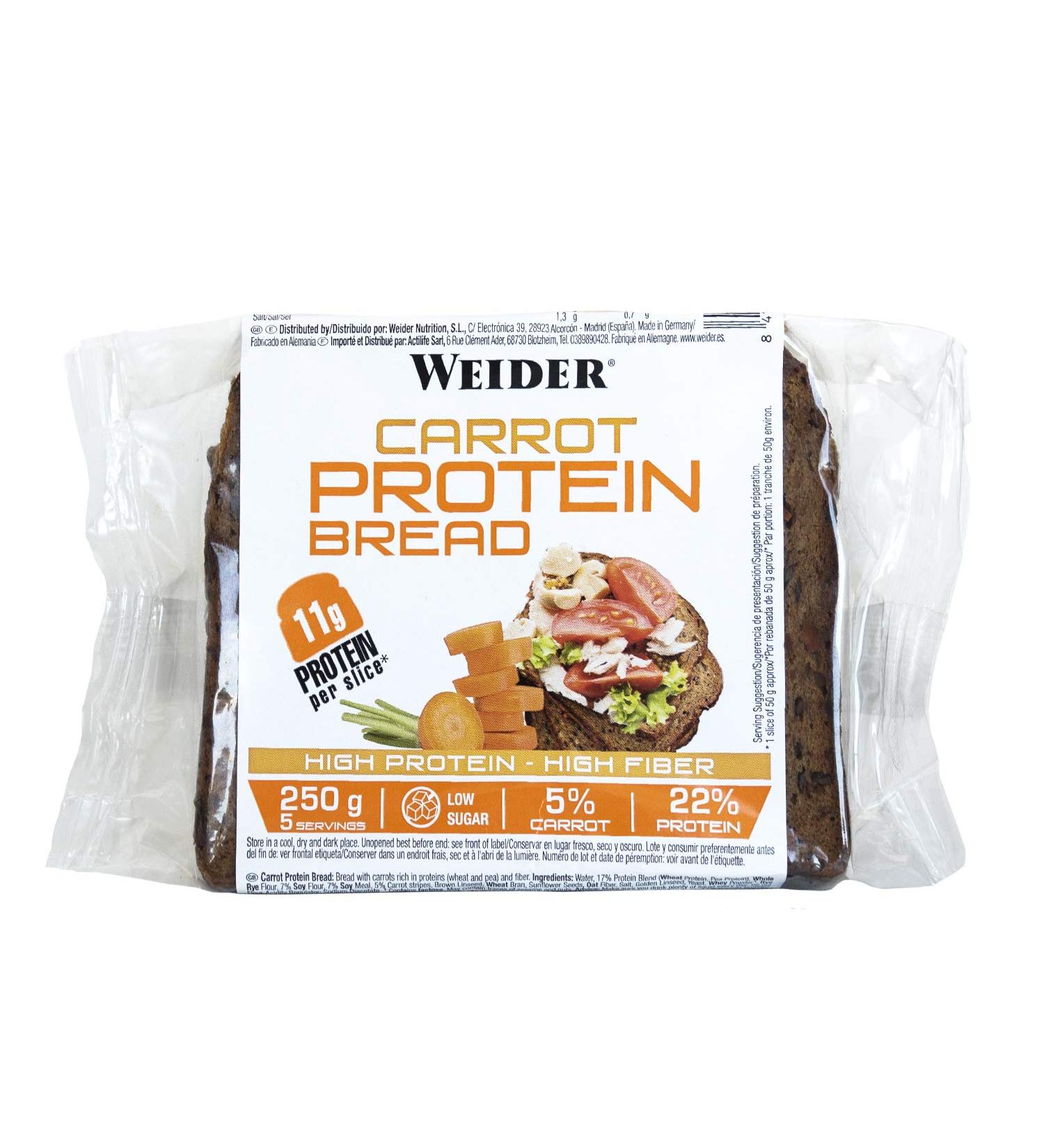 Weider Protein bread with carrots. Protein bread containing 11 g of protein and 5% carrots per slice. With fiber and low in s - Buy Online on GoSupps.com
