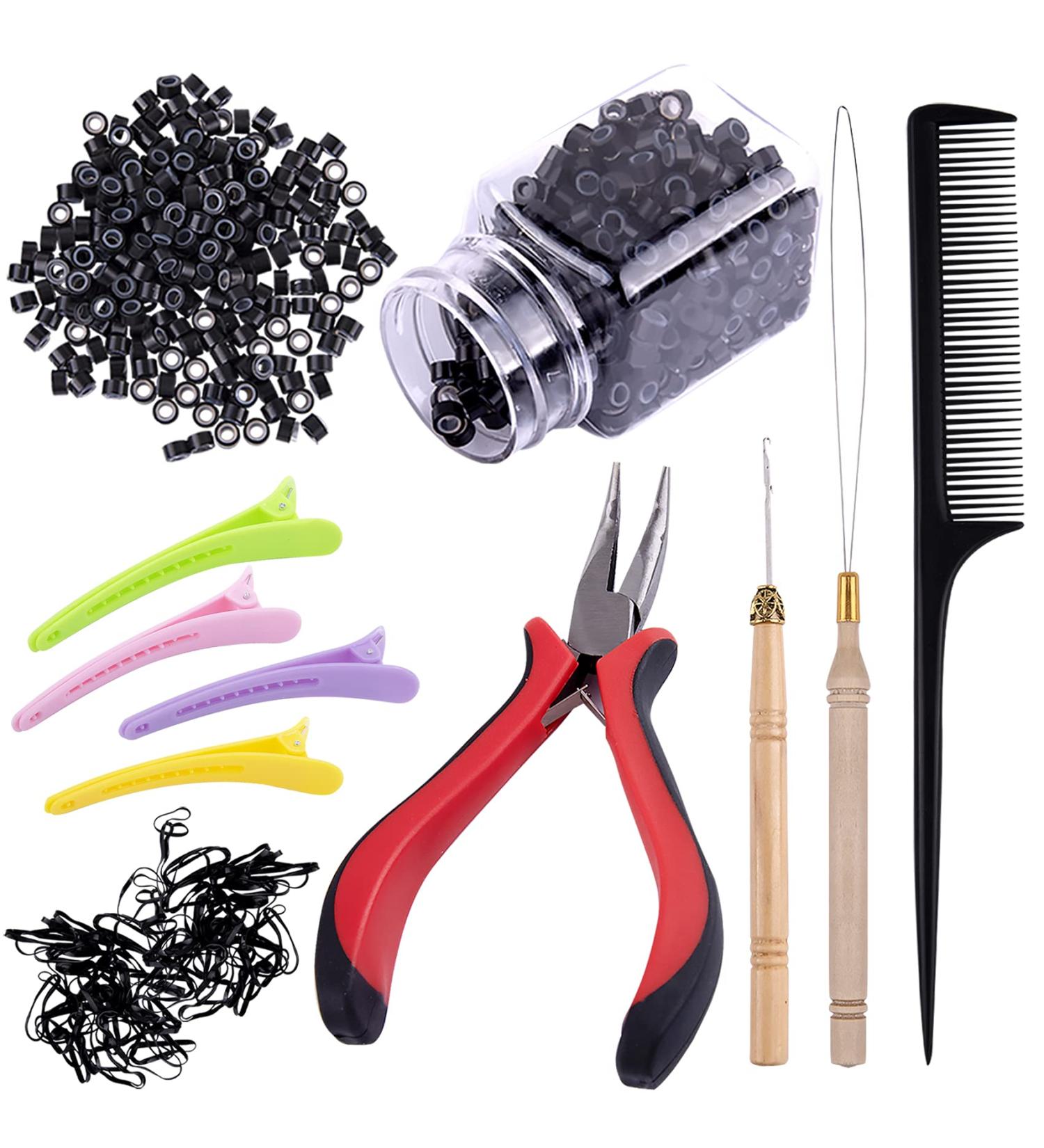 Duufin Hair Extensions Kit 500 Pcs Black Micro Rings, Plier, Needle Threader, Clips, Comb, Rubber Bands - Buy Online on GoSupps.com