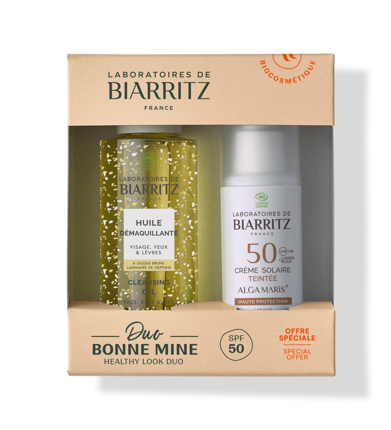 Laboratoires de Biarritz - Duo Bonne Mine - Tinted sunscreen SPF50 Golden 50 ml and Cleansing oil 100 ml - For Protected Unified and Clean Skin - Made in France - Buy Online on GoSupps.com