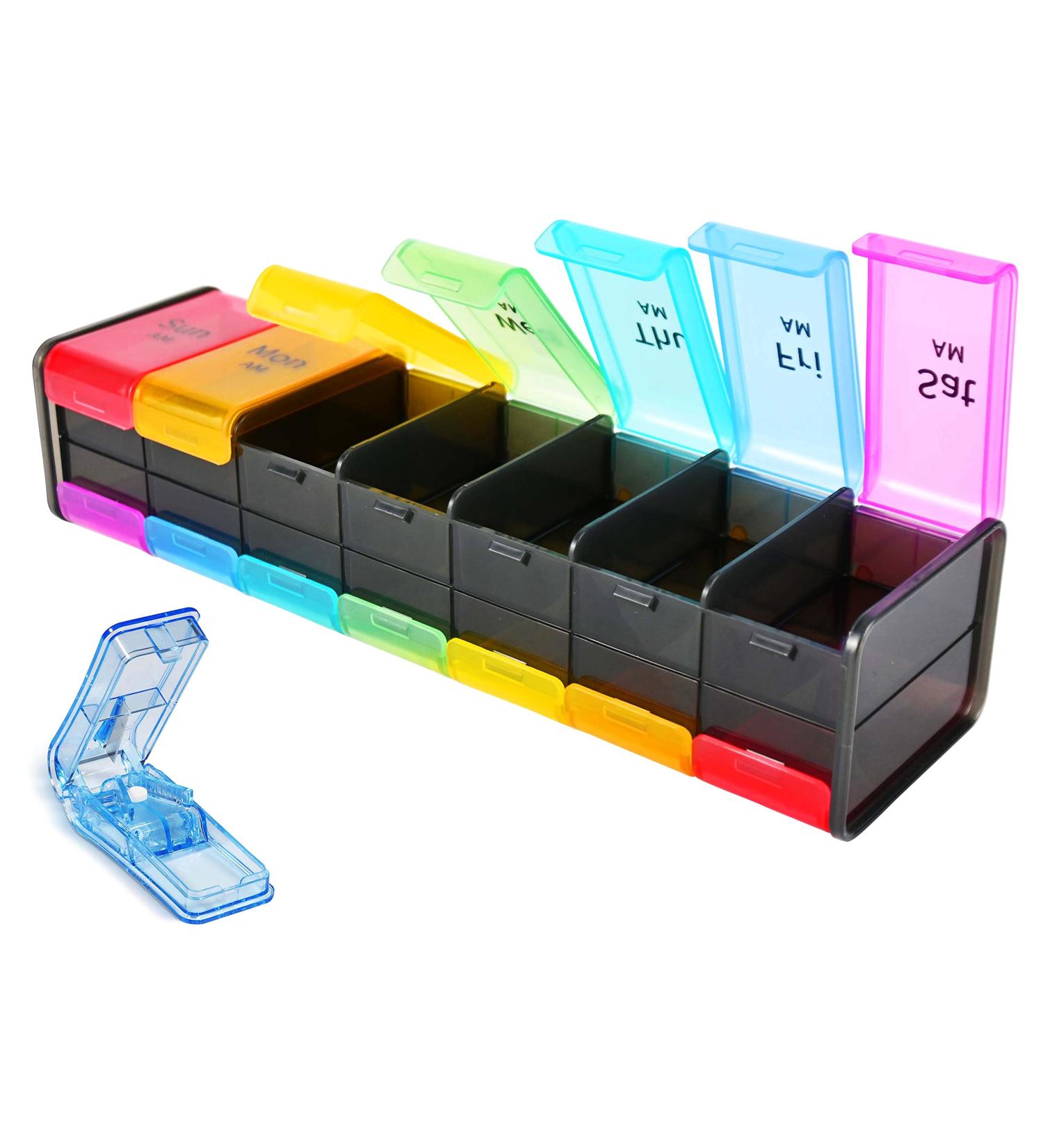Extra Large Pill Organizer with Cutter - 7 Day Double-Sided Pill Box - XXL Compartment Weekly Medicine Dispenser - Buy Online on GoSupps.com