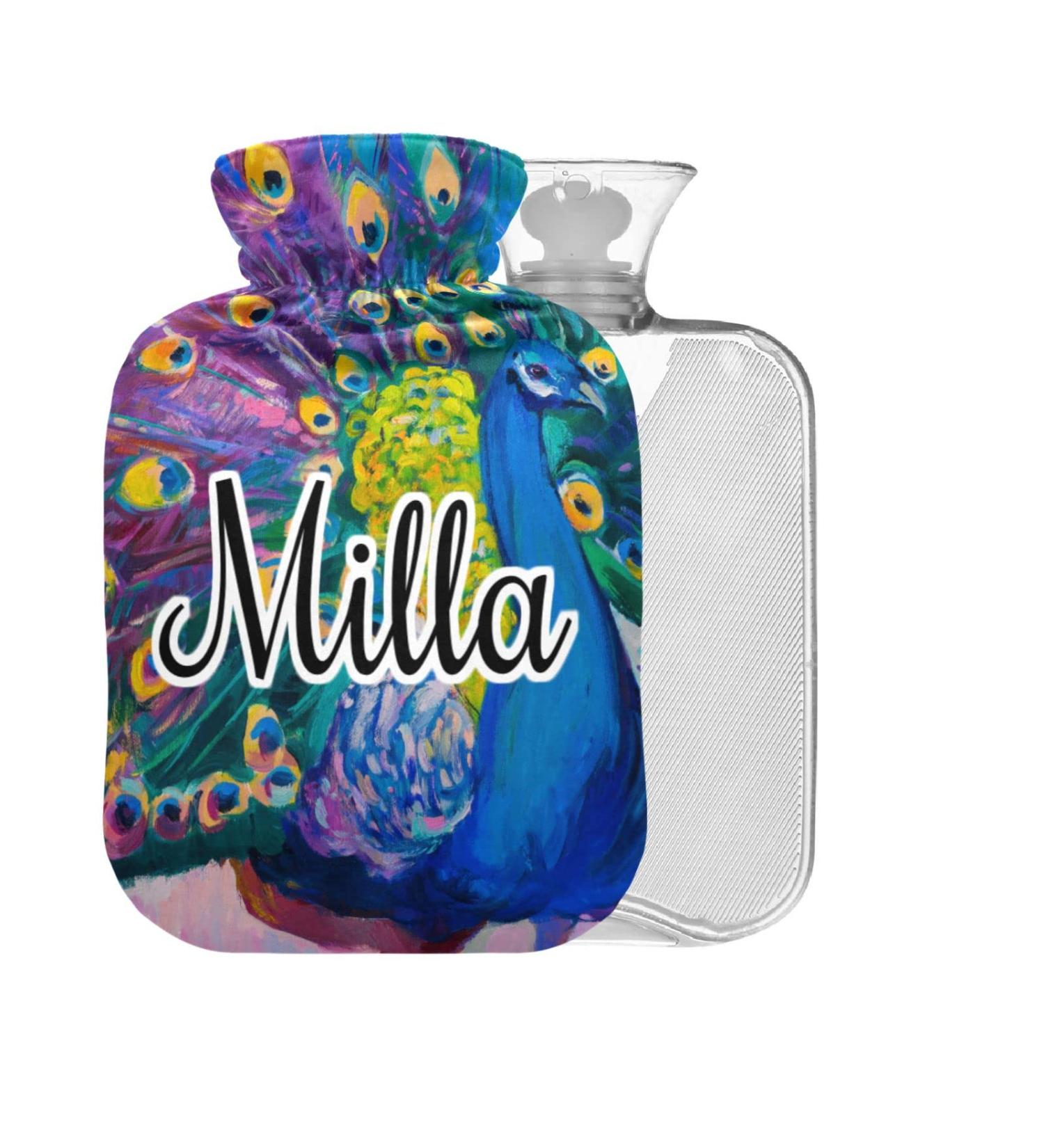 Customizable 2L Hot Water Bottle with Cover - Large Watercolor Peacock Motif for Pain Relief & Cold Compress - Buy Online on GoSupps.com