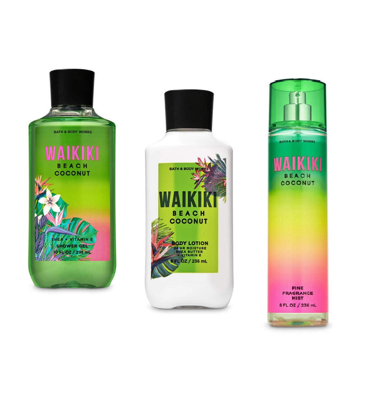 Bath and Body Works Waikiki Beach Coconut Gift Set - Super Smooth Body Lotion - Fine Fragrance Mist & Shower Gel - Full Size