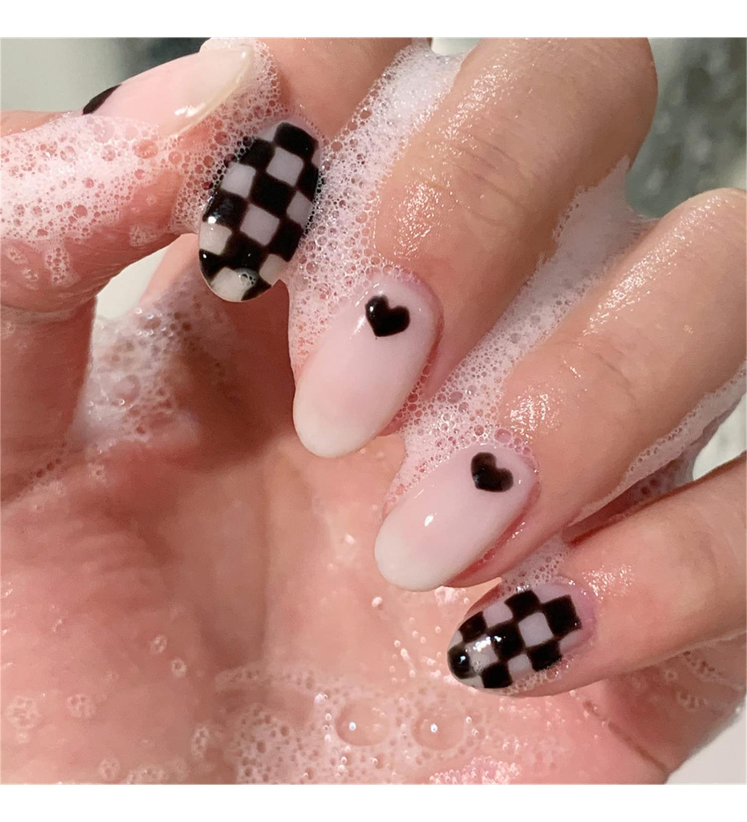 False Nails Short Sharp Full Cover Glue Included Heart and Checkerboard Press on Nails 24 Pieces Nail Art Tip with Box for Nail Salons and Women DIY Nail Art - Buy Online on GoSupps.com