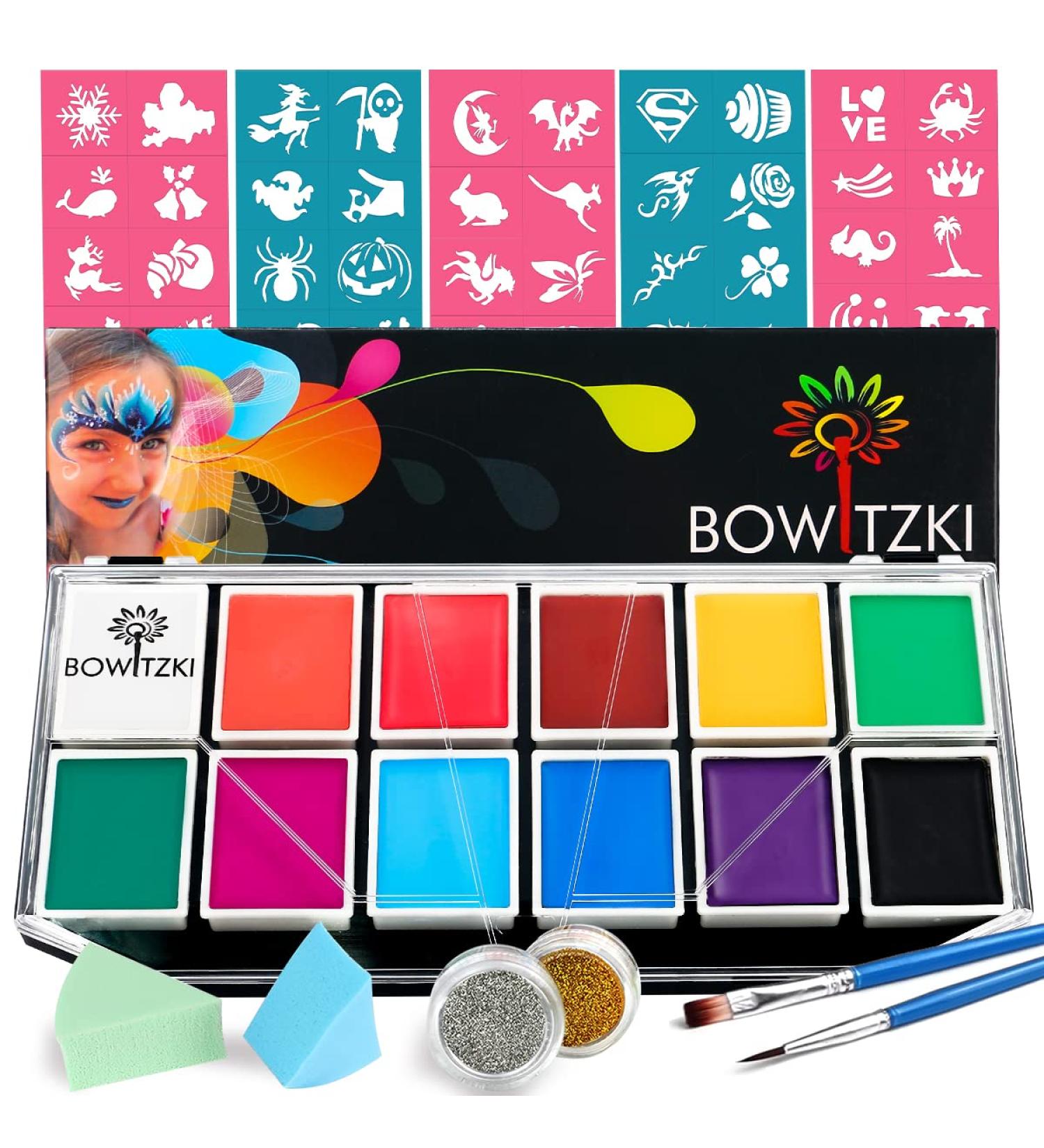 Bowitzki Face Paint Kit - 12 Vibrant Colors 2 Glitter 40 Stencils Hypoallergenic & Non-Toxic for Kids - Perfect for Halloween & Professional Use - Buy Online on GoSupps.com