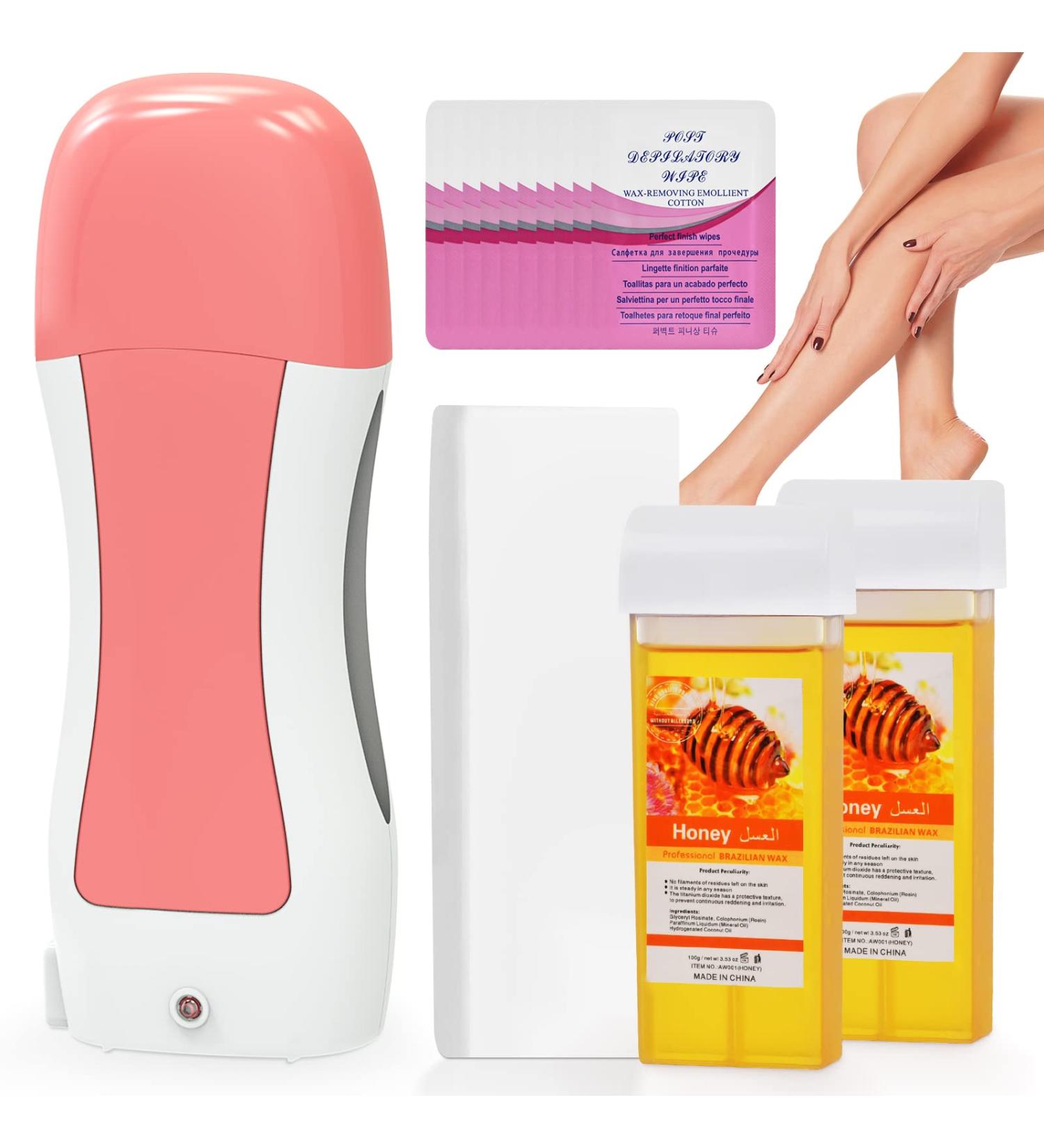 Honey Wax Roller Hair Removal Kit for Sensitive Skin | Soft Wax Warmer with 2 Cartridges, 10 Wipes, 100 Wax Strips - Pink - Buy Online on GoSupps.com