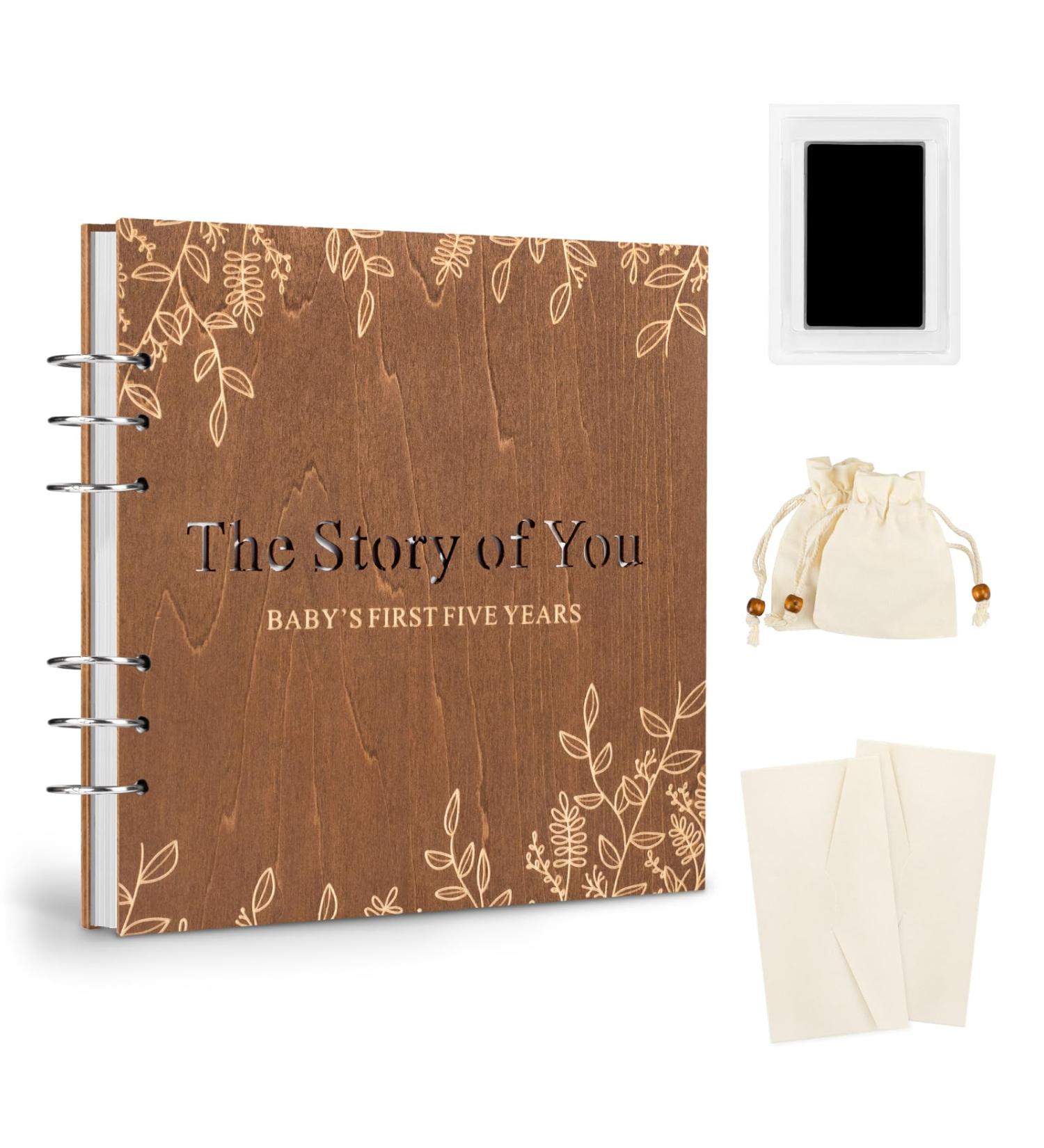 Creawoo Wooden Baby Memory Book Set - Baby's First 5 Years Milestone Journal, Record Diary, Scrapbook, Keepsake Gift Box for New Parents - Includes Ink Pad, Souvenir Bags, Envelopes - Buy Online on GoSupps.com