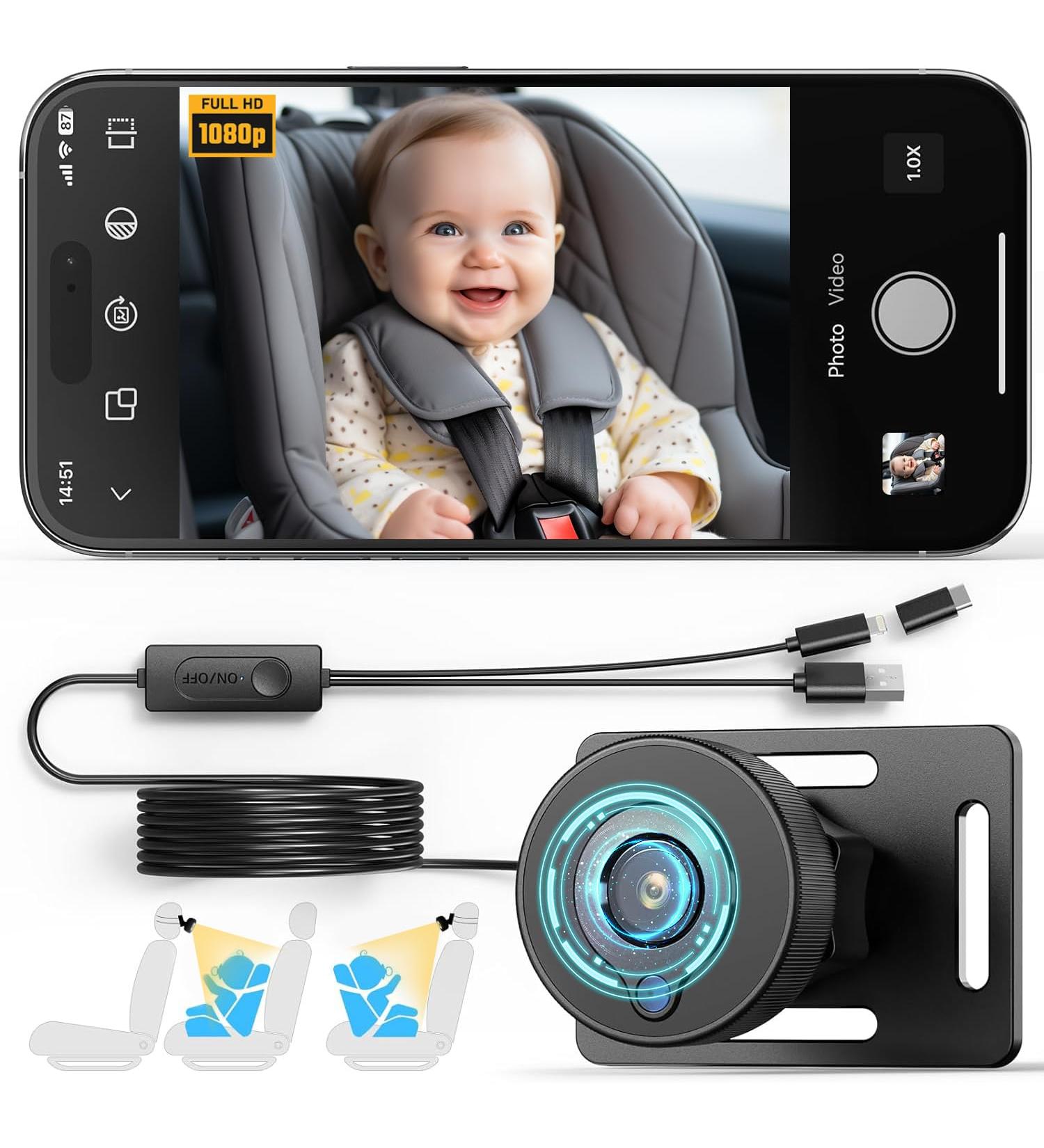 Ashfly 360 Baby Autospiegel - 1080p Car Mirror Camera with Night Vision & Wide Angle - Universal Rear Seat Monitor for iPhone - Buy Online on GoSupps.com