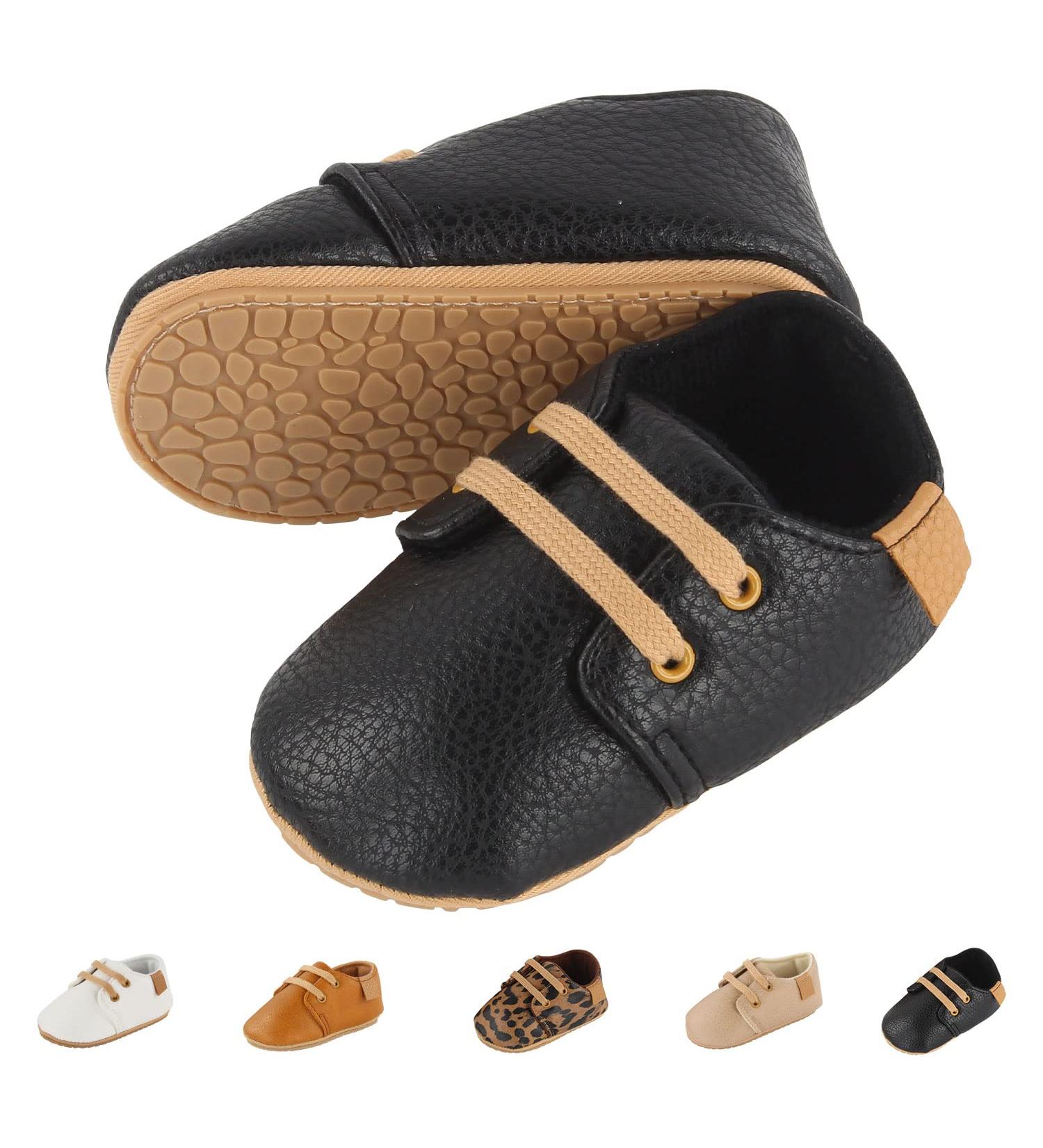 Baby First Walking Shoes | Boy Girl PU Leather Sneakers | Non-Slip Rubber Soles | 0-18 Months | Black - Buy Online on GoSupps.com