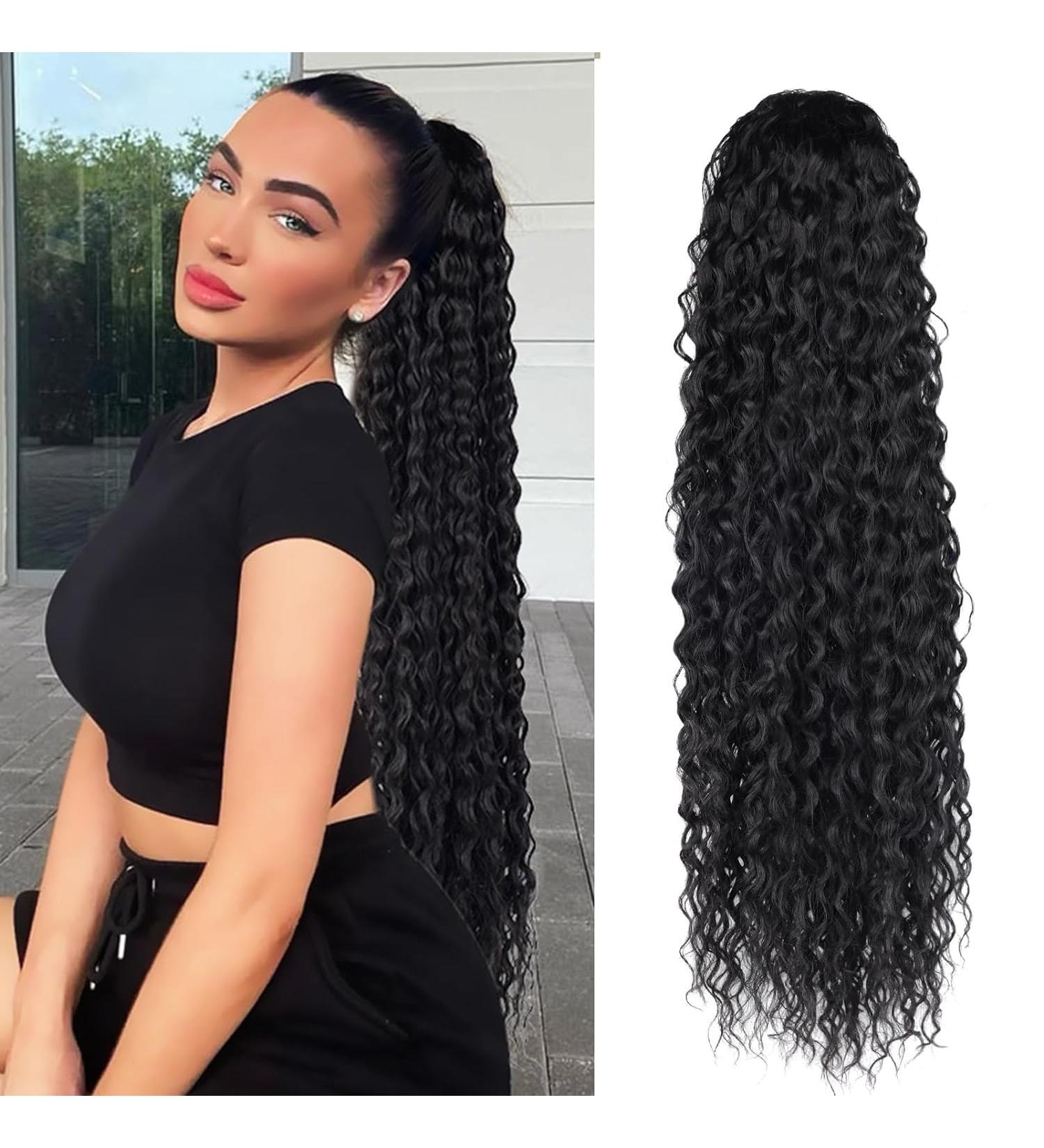 BEAUTY ON LINE Curly Ponytail Extension 30 inch Long Drawstring Ponytail Synthetic Clip in Ponytail Hair Extensions Black Curly Water Wave Clip in Hair Pieces for Black Women 30inch #1B - Buy Online on GoSupps.com