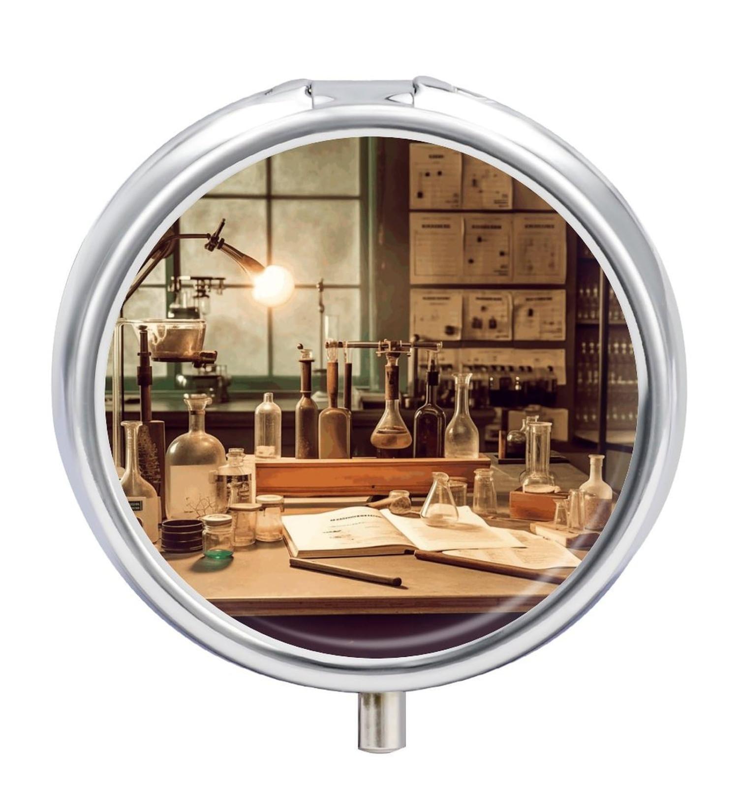 Vintage Chemistry Lab Pill Box - 3 Compartment Portable Travel Pill Organizer for Handbag & Pocket - Buy Online on GoSupps.com