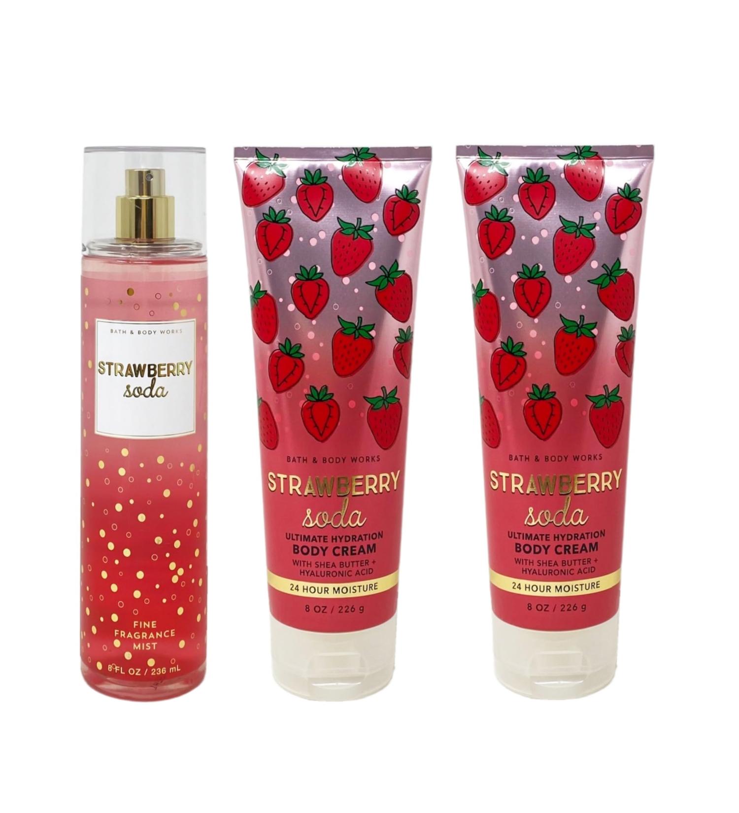 Bath & Body Works Strawberry Soda 3 Piece Bundle - Fragrance Mist and 2 Body Creams - Full Size