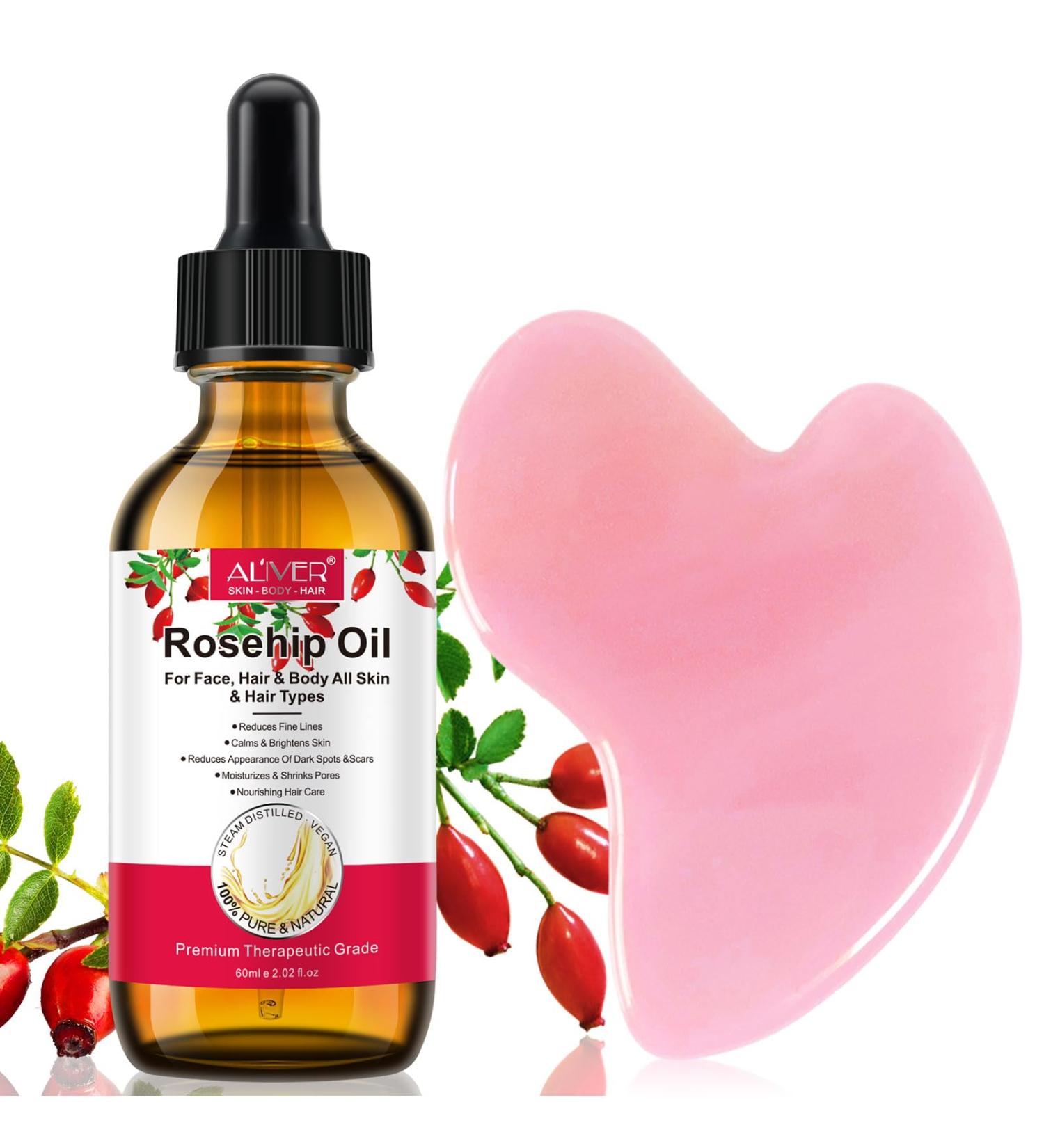 Organic Gua Sha Massage Tools & Rosehip Oil - Anti-Aging Face & Skin Care | 100% Pure Essential Oil for Natural Beauty - Buy Online on GoSupps.com
