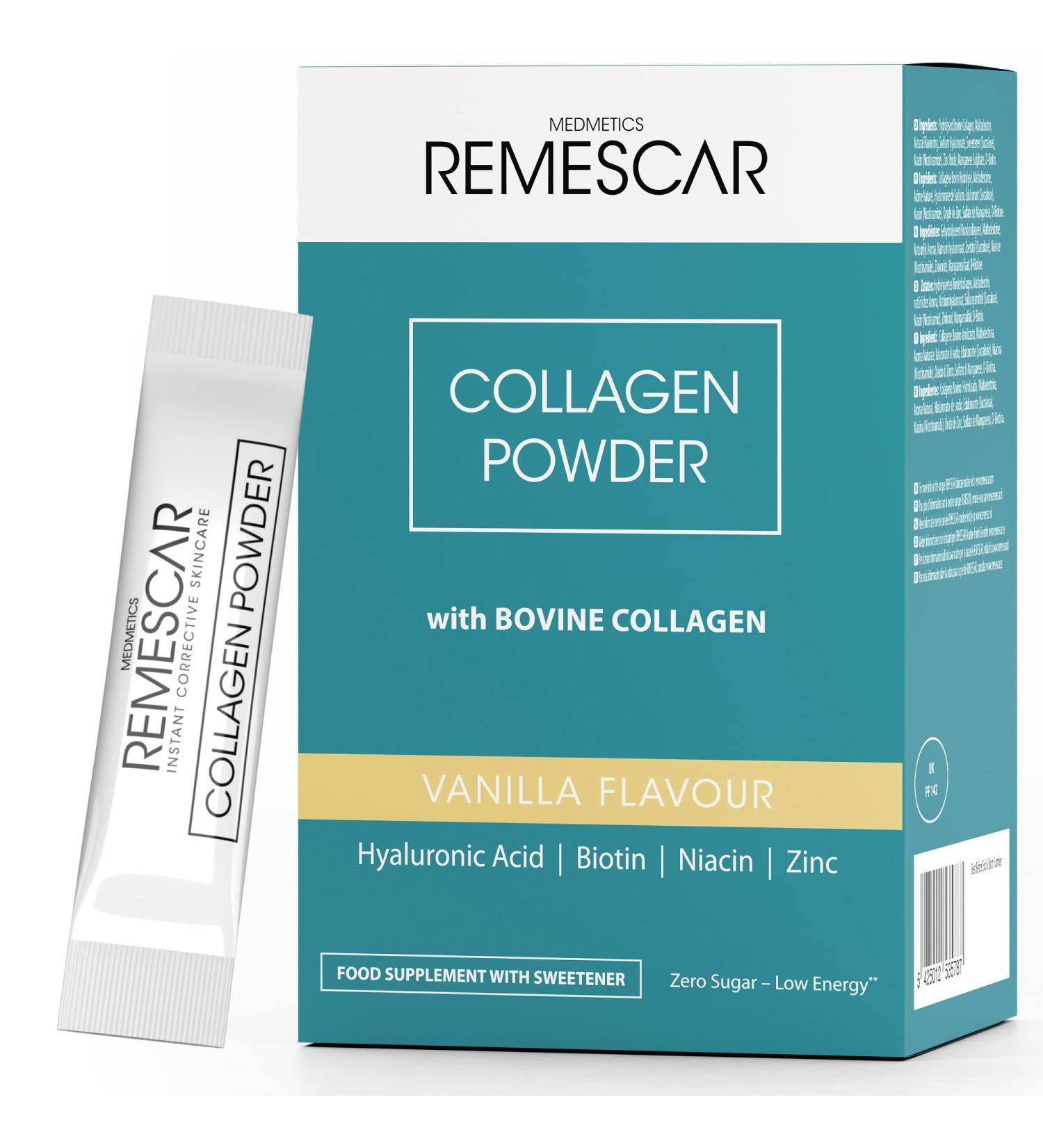 Remescar Vanilla Collagen Powder 30 Sachets - Bovine Collagen with Hyaluronic Acid Biotin Vitamin C Zinc for the maintenance of normal skin and hair - Buy Online on GoSupps.com