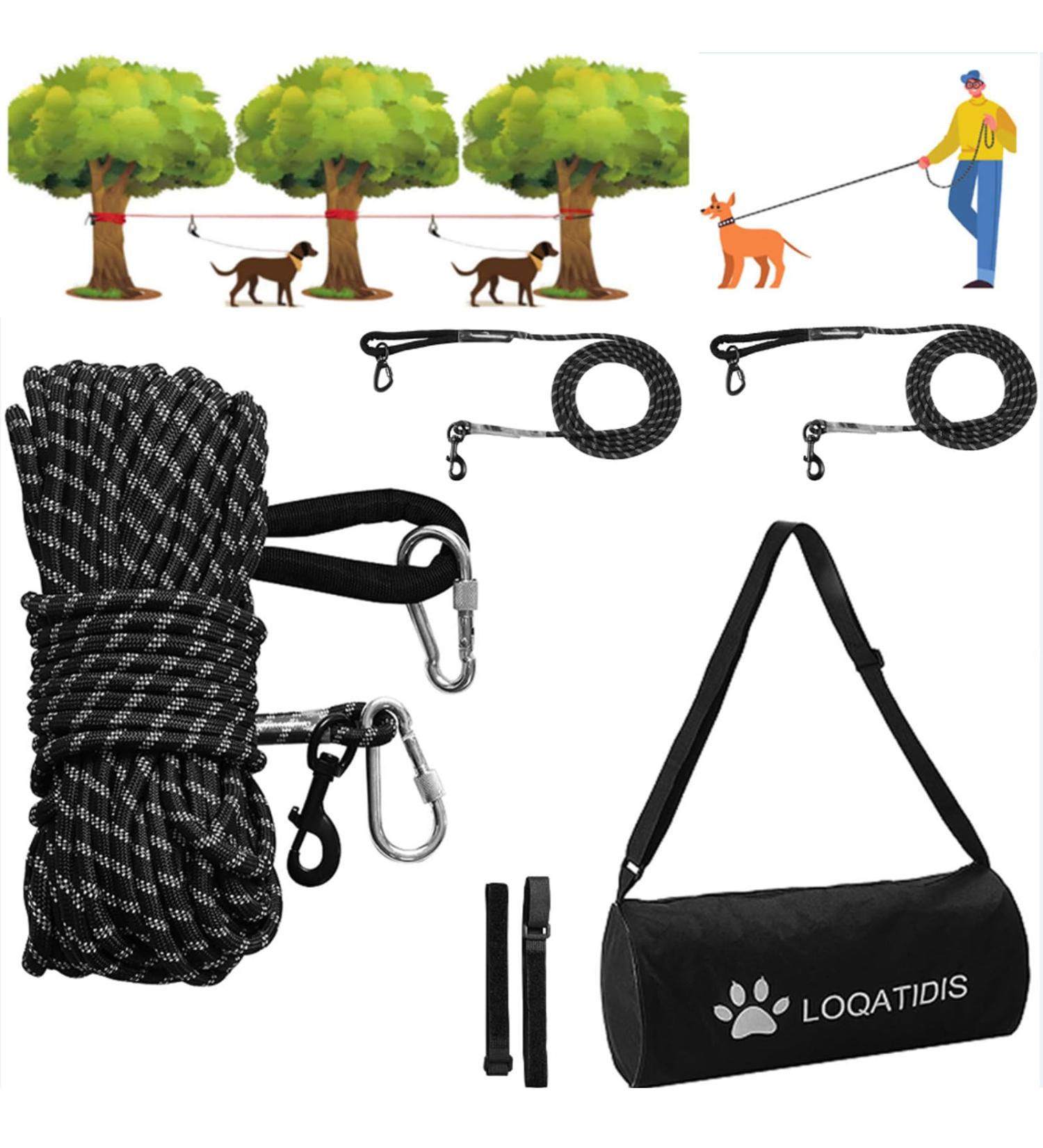 Loqatidis 3 in 1 Dog Tie Out Cable - 15m & 30m Portable Overhead Trolley System | Reflective Dog Leash for Outdoor Activities | Ideal for Camp Park Training & Hiking | Includes Large Capacity Shoulder Bag for 2 Dogs - Buy Online on GoSupps.com