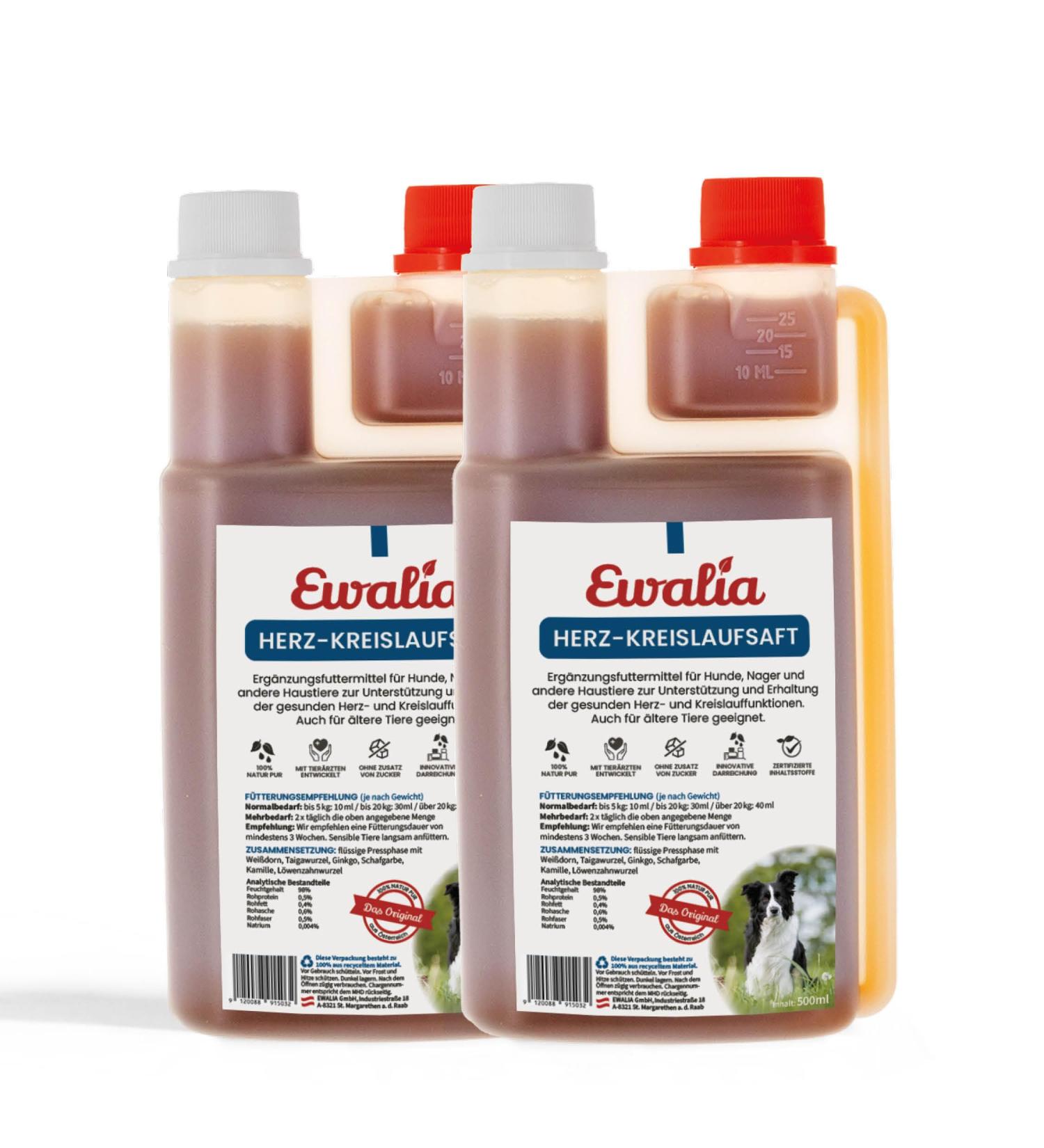 Ewalia Cardiovascular Juice for Dogs Natural Vitality Booster for a Strong Dog Heart Developed with Veterinarians 100% Natural No Additives 2 x 500 ml - Buy Online on GoSupps.com