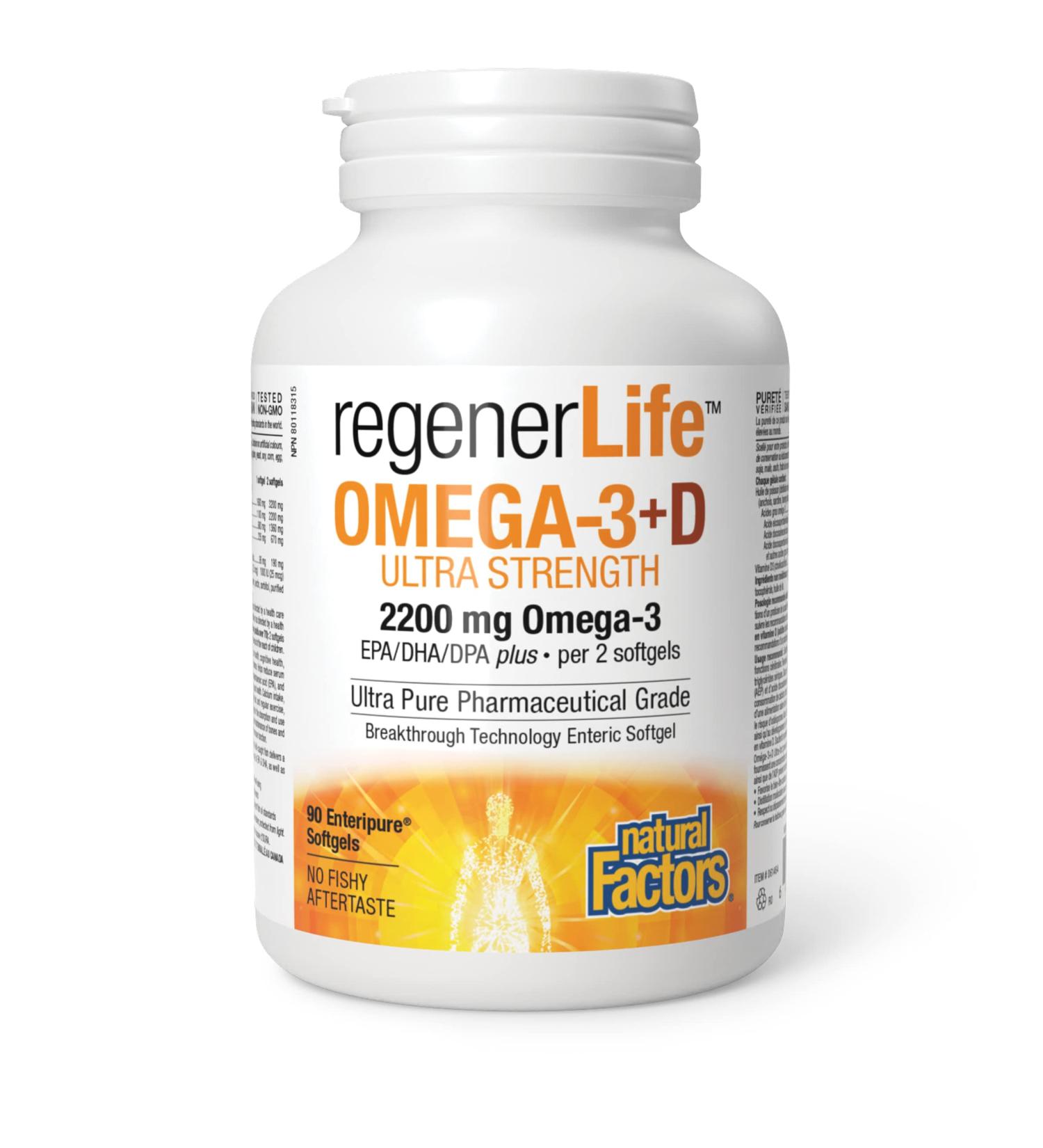 Natural Factors Regenerlife Omega-3+D Ultra Strength 90 Enteripure Softgels High-potency Omega-3 with Vitamin D3 for Immune Cardio and Cognitive Support - Buy Online on GoSupps.com