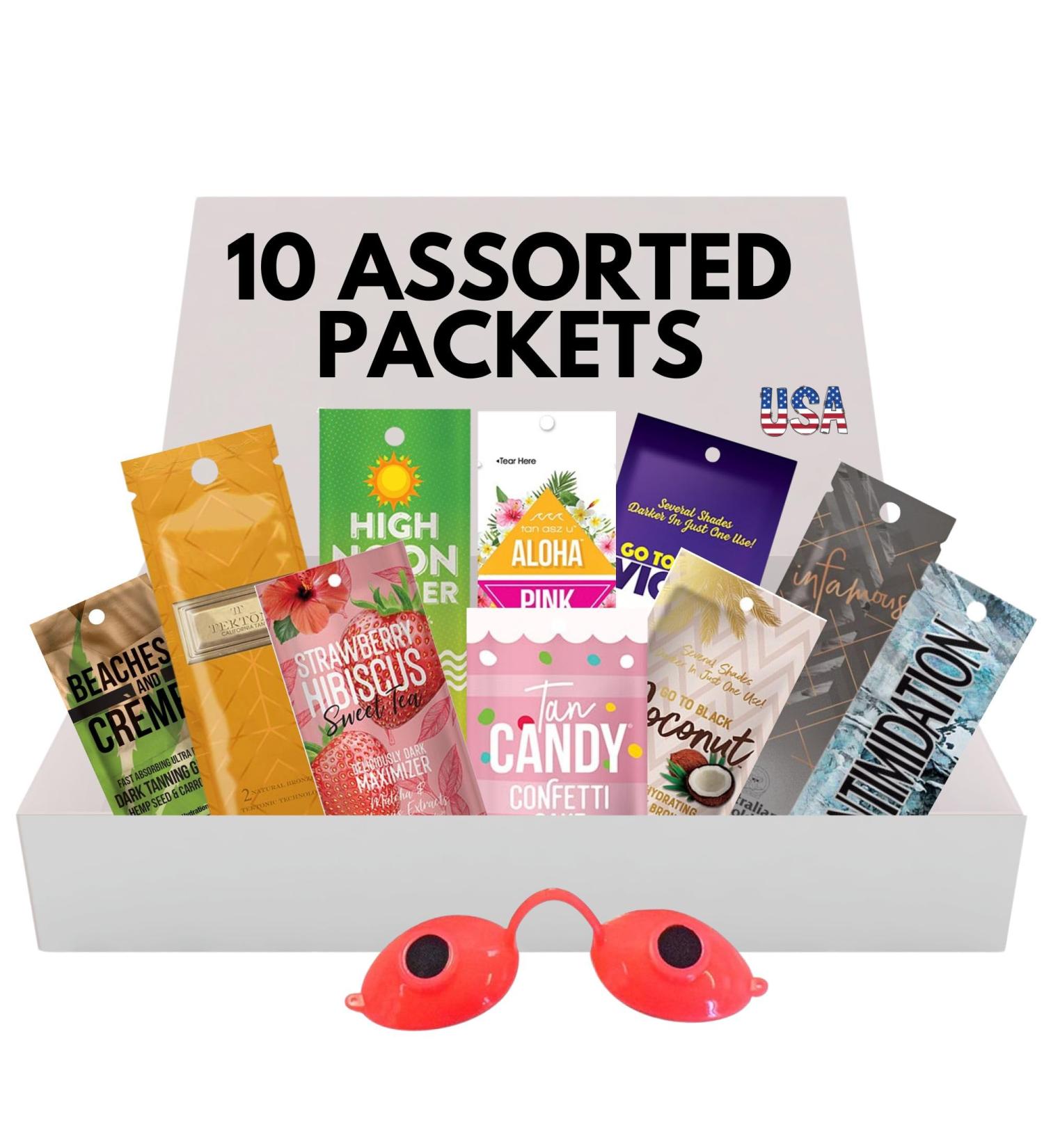 10 Pack of Tanning Bed Lotion Packets + Eyewear The Tan Box Best Indoor UV or Outdoor Sun Cream Dark Accelerator with Goggles (0.5 oz each) - Buy Online on GoSupps.com