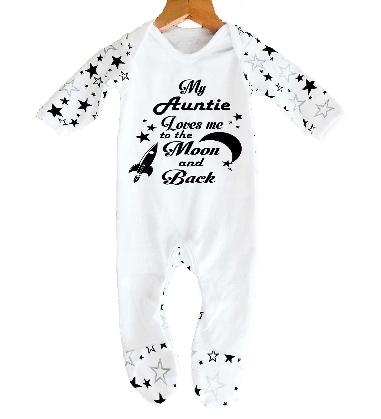 My Auntie Loves Me to The Moon and Back Sleepsuit | 3-6 Months, UK Printed, 100% Cotton | White/Black Stars - Buy Online on GoSupps.com