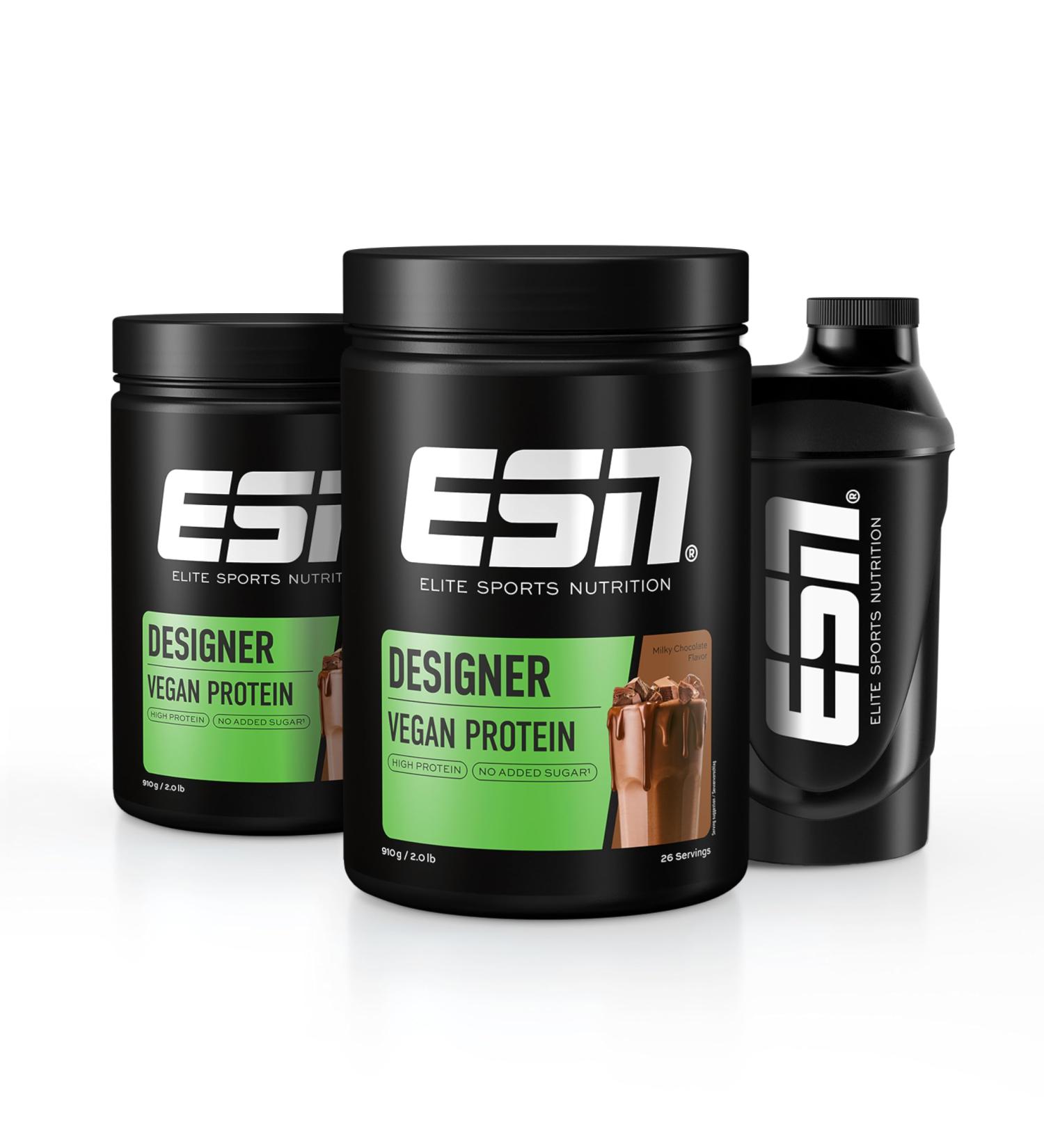 ESN Vegan Designer Protein Powder Milky Chocolate 2 x 910 g Can + Free Shaker - Muscle Building and Recovery Milky Chocolate 910 g (Package of 2) - Buy Online on GoSupps.com