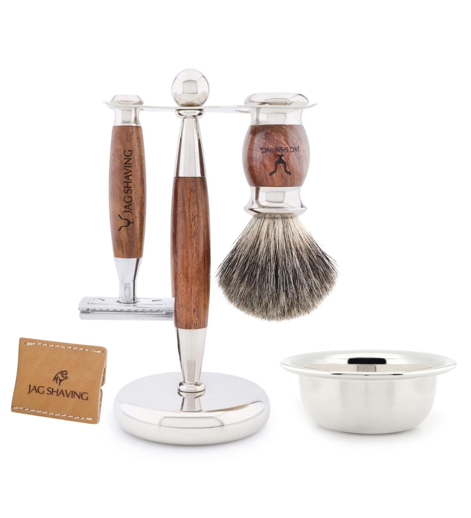 Buy JAG Shaving Germany Lee Range 5-Part Shaving Set | Super Dachshaar Brush Double Edge Razor Rack & Leather Bag - International Shipping Available - Buy Online on GoSupps.com