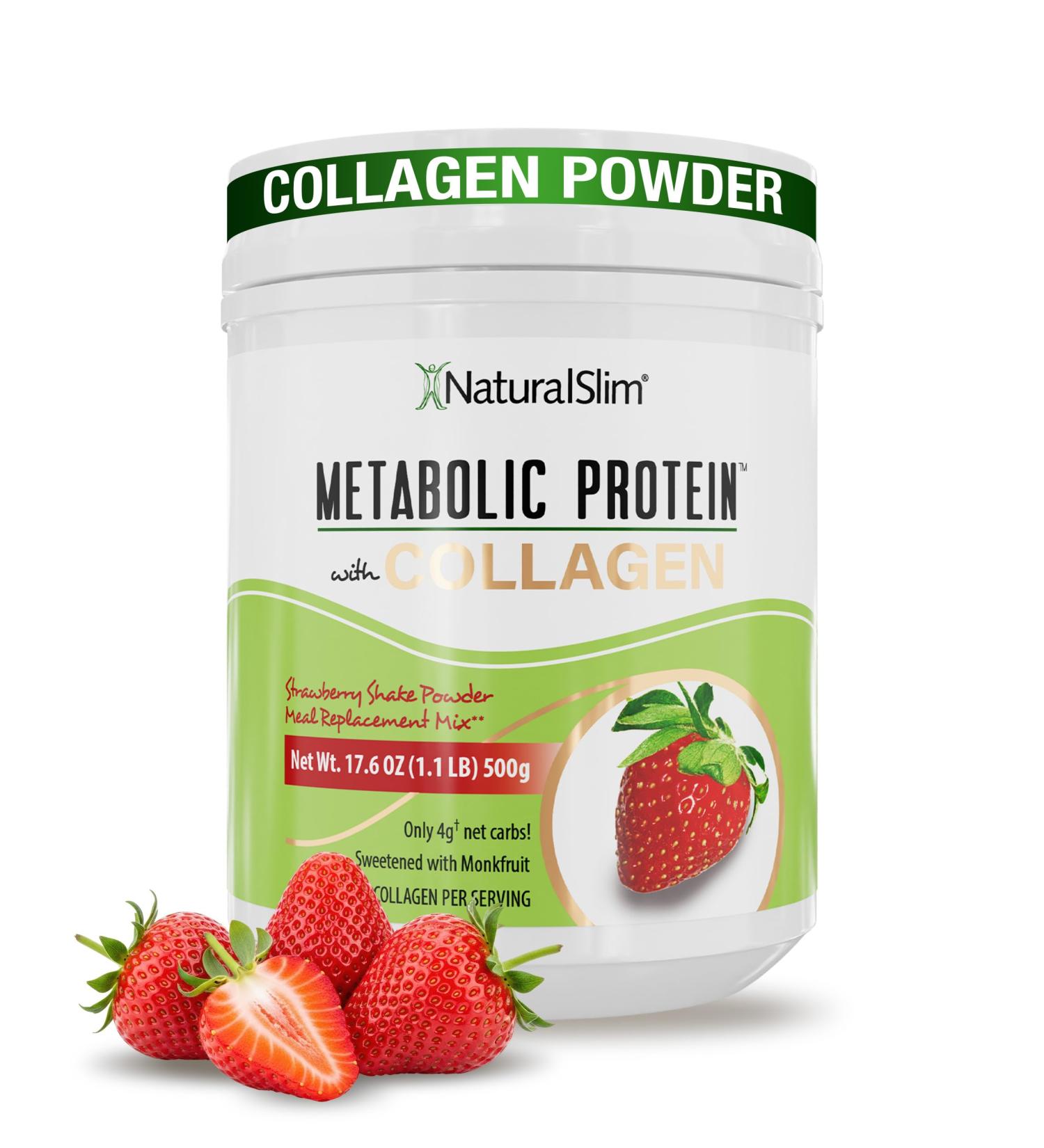 NaturalSlim Metabolic Protein Powder with Collagen whey protein powder shake Hydrolyzed Collagen with L-Glutamine for Metabolic Support Digestion Skin Joints & Muscle Low Carb 17.06oz Strawberry Strawberry With Collagen - Buy Online on GoSupps.com
